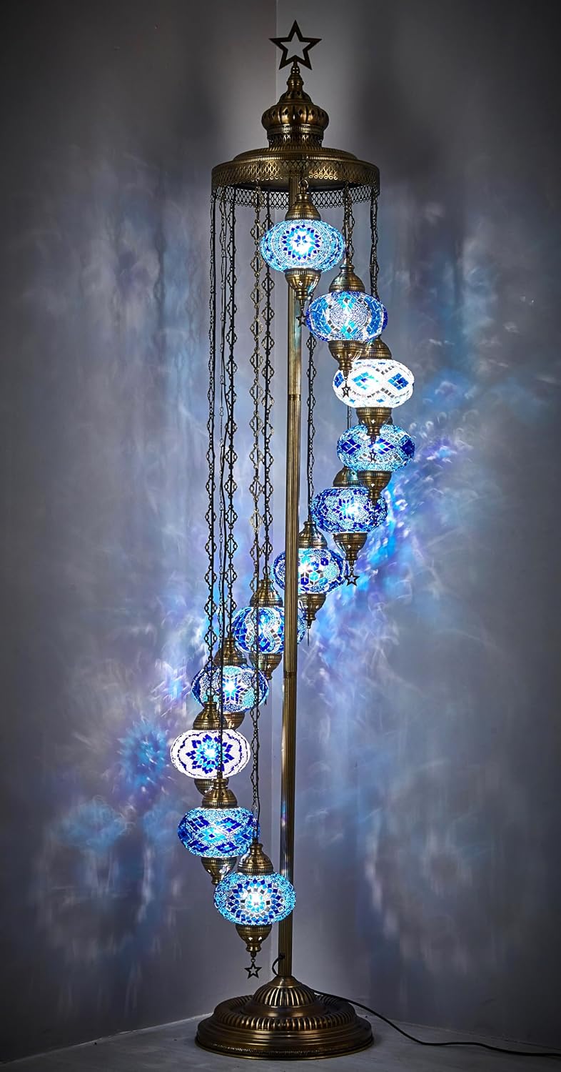 DEMMEX Moroccan Turkish Mosaic Floor Lamp with 11 Balls, Height 210 cm Boho Decorative with Colorful Balls, Handmade in Turkey