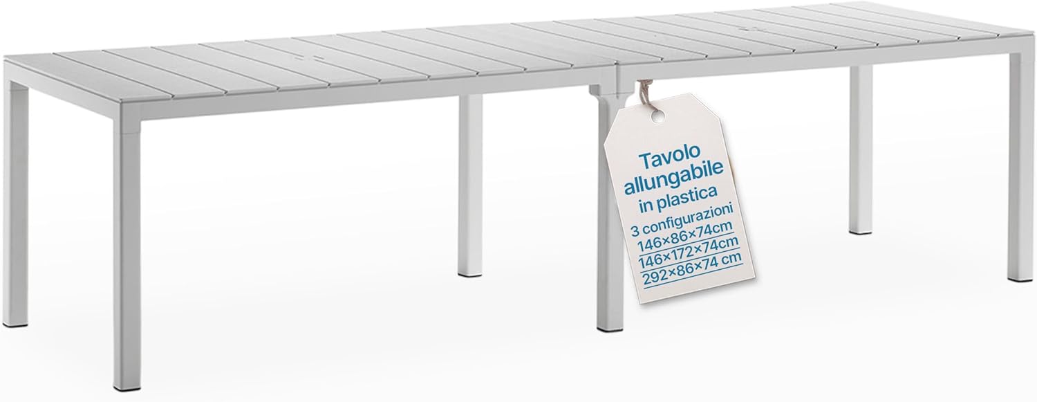 Tomaino - Extendable Plastic Garden Table 4-12 Seater - Outdoor Table for Rectangular or Square Dining - For Garden, Porch or Balcony - White