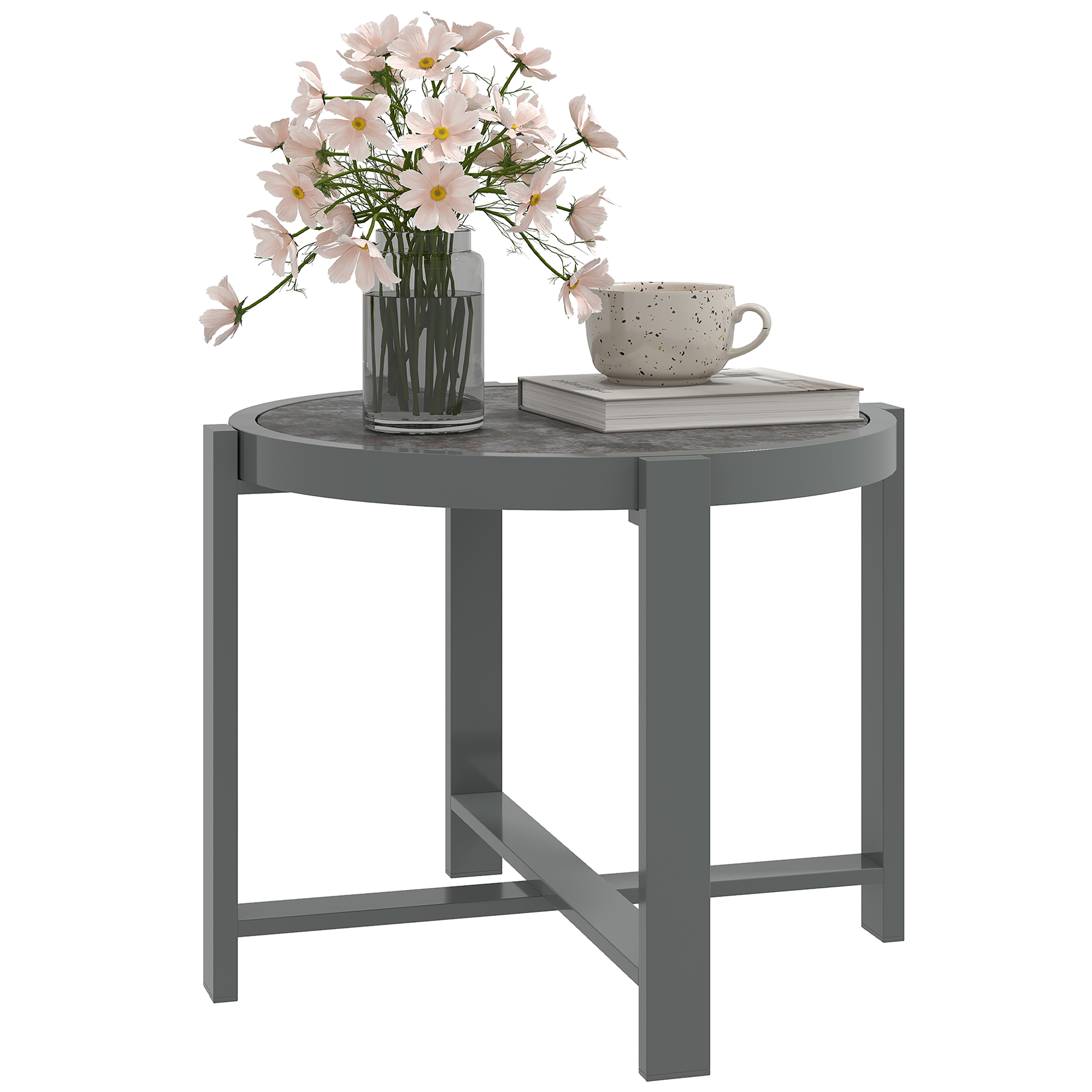 Outsunny Beistelltisch Gartentisch Rund wetterfest Aluminium Balkontisch mit Marmoroptik Grau
