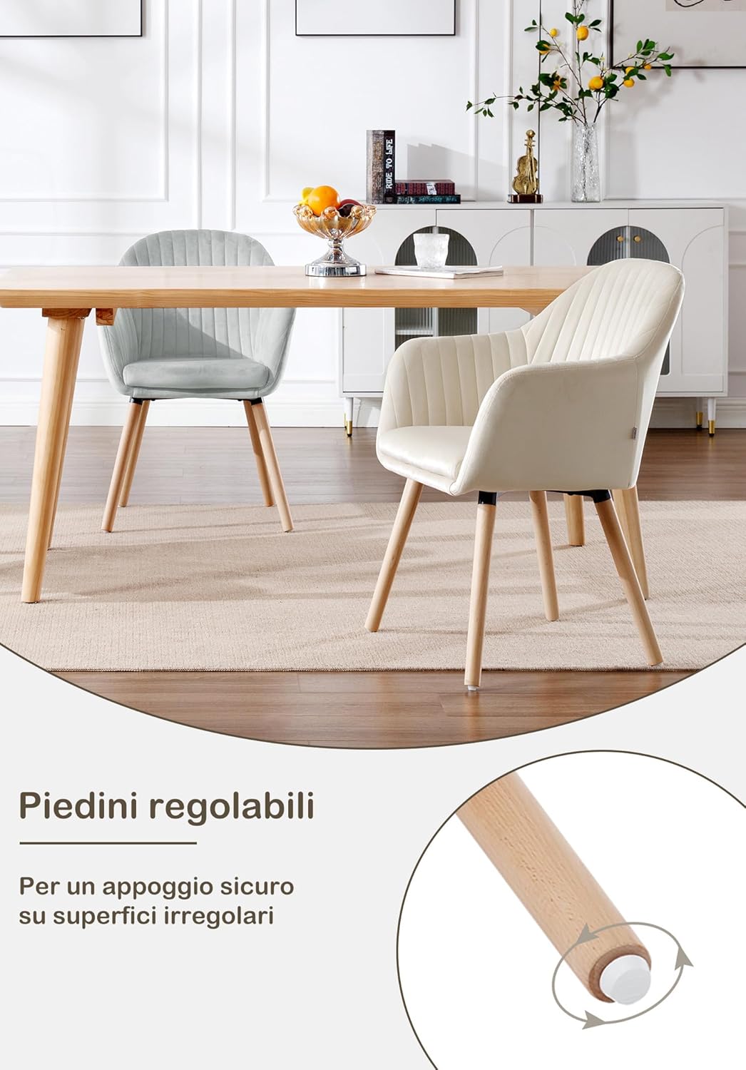 WOLTU Set di 6 Sedie per Sala da Pranzo con Schienale Braccioli Poltrona Imbottita Gambe in Legno Seduta in Tessuto Velluto Crema BH95cm-6