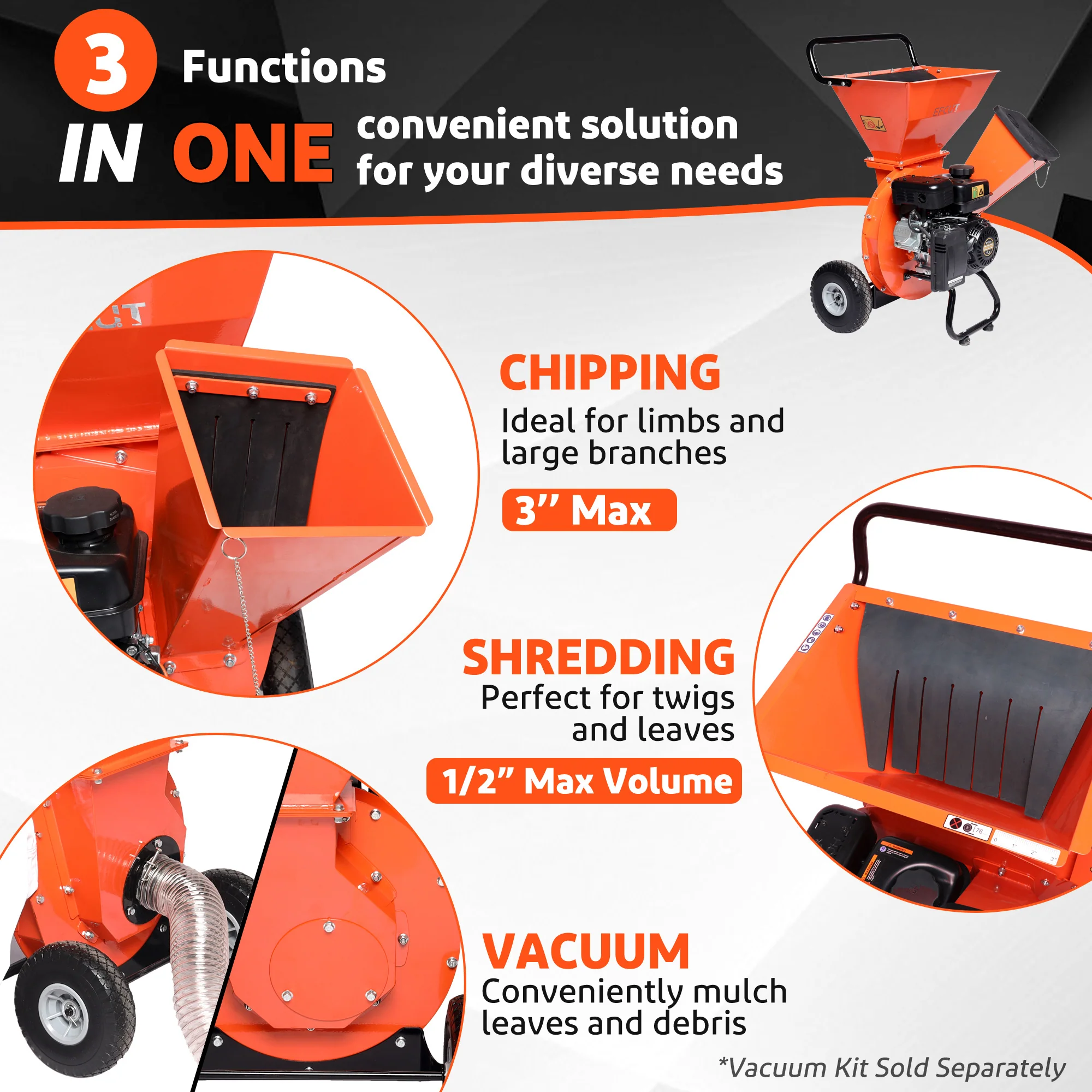 EFCUT 3-in-1 Houtversnipperaar Shredder Mulcher, 2 Trechters Multifunctioneel, 7PK 212cc Zware Benzinemotor, Max Houtdiameter 3 Inch, Inclusief Afvalzak