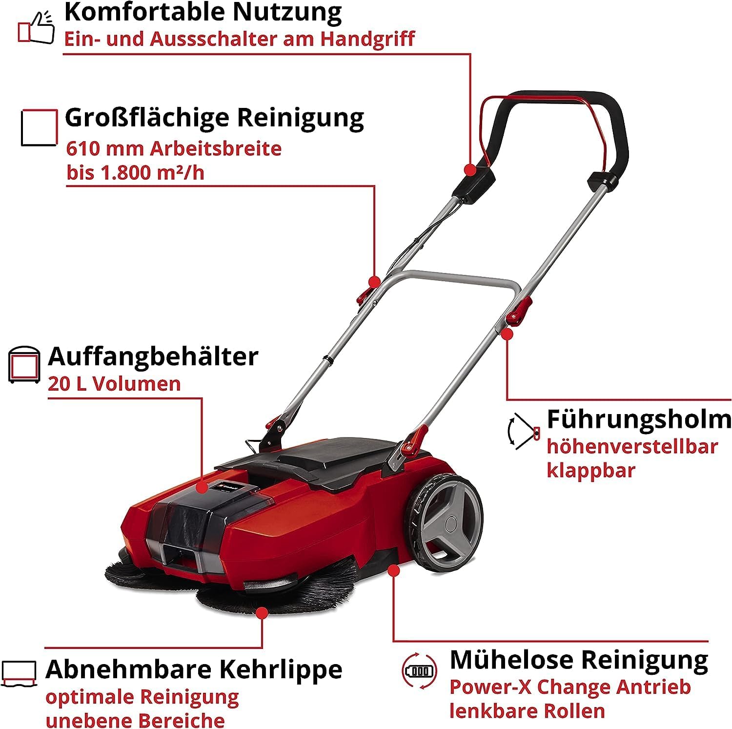 Einhell Akku-Kehrmaschine TE-SW 18/610 Li-Solo Power X-Change (18 V, Li-Ion, 20 L Schmutzbehlter, 61 cm Arbeitsbreite, Parkposition, verstellbarer Lenker, abnehmbare Lippe, Ein-und Ausschalter), Rot