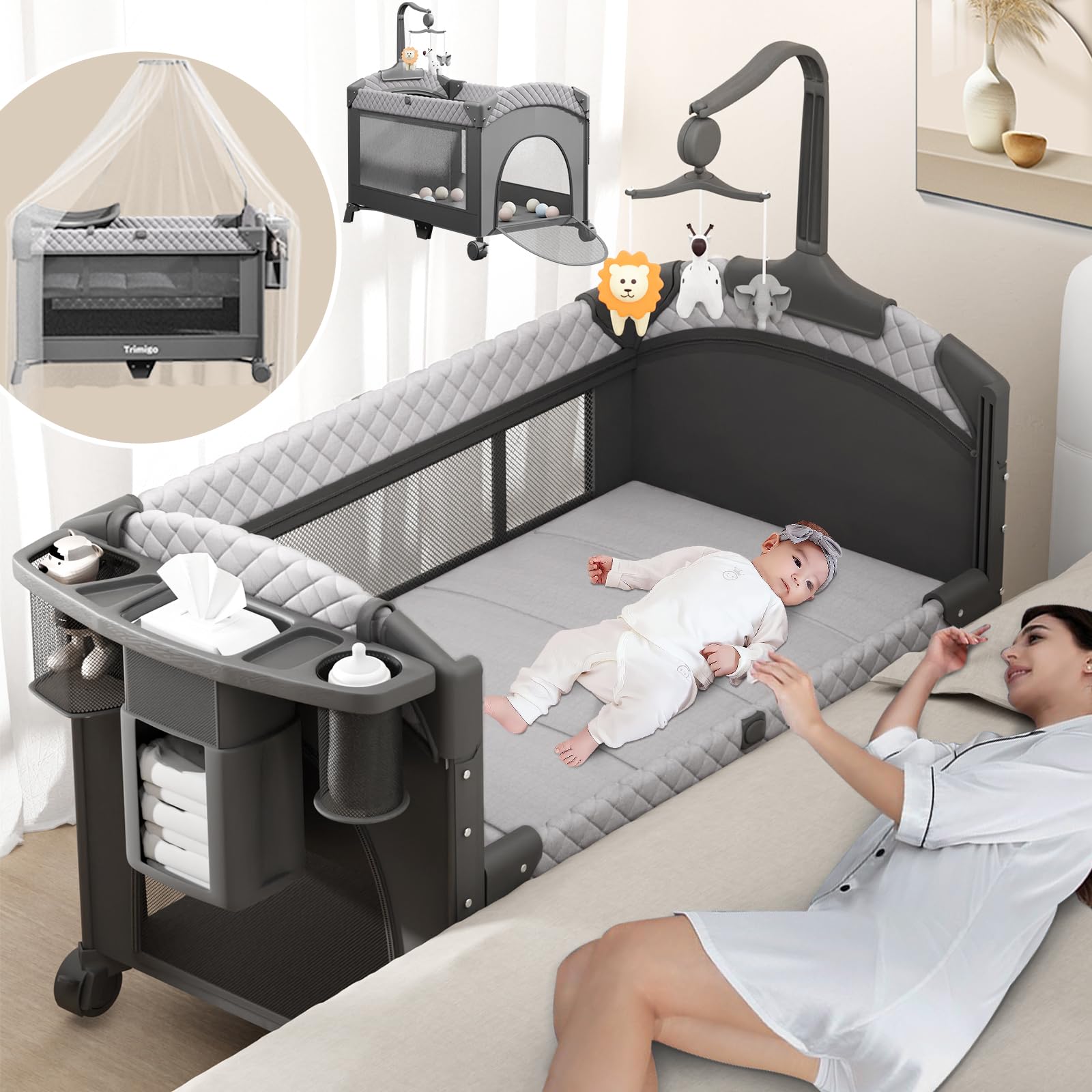 Reisebett Baby klappbar mit Wickeltisch, Moskitonetz und Spielzeug, höhenverstellbar, 120 x 70 x 76 cm