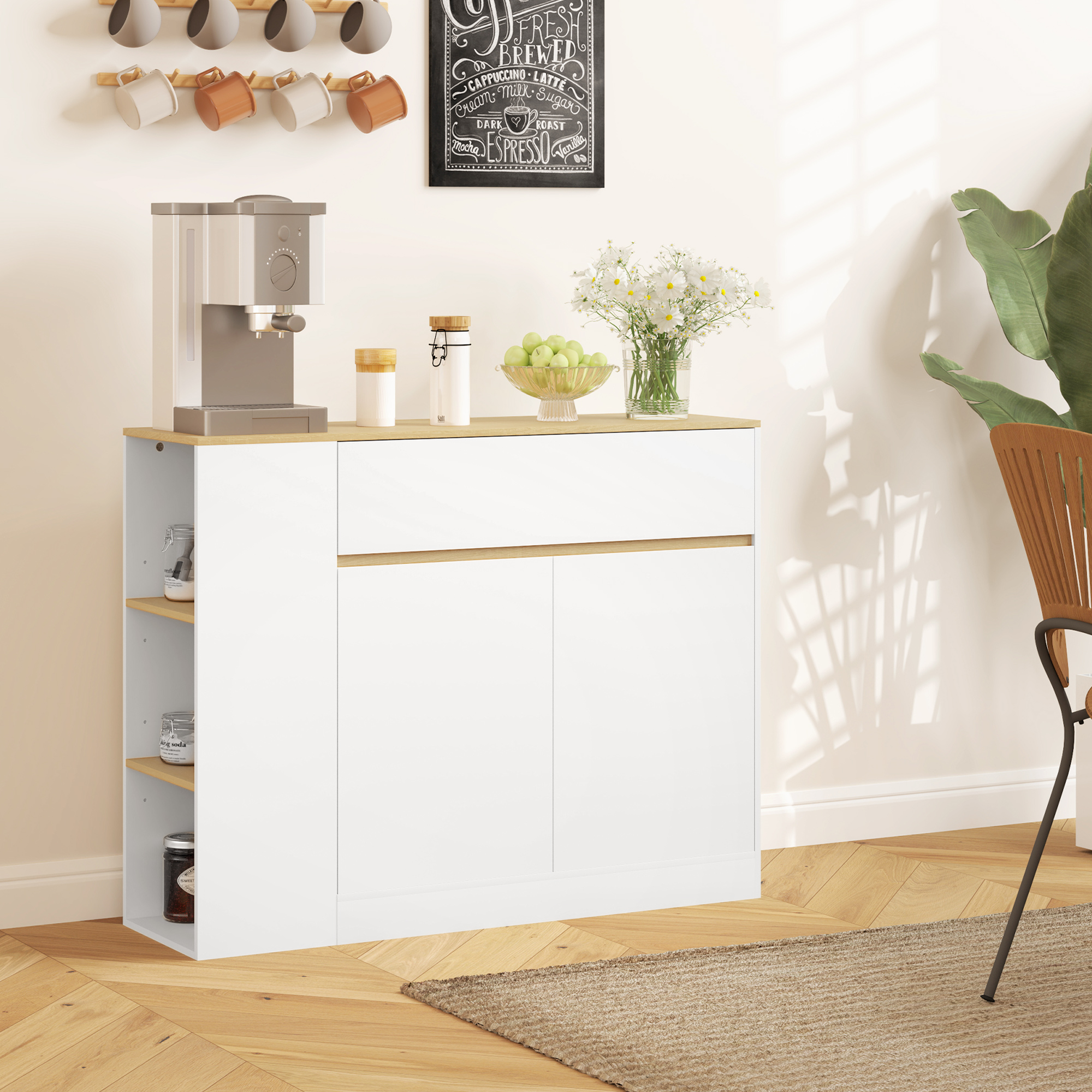 HOMCOM Sideboard, großes Schrankfach, 3 Ablagefächer, Schublade, 105 x 30 x 81,5cm, Weiß/Holz