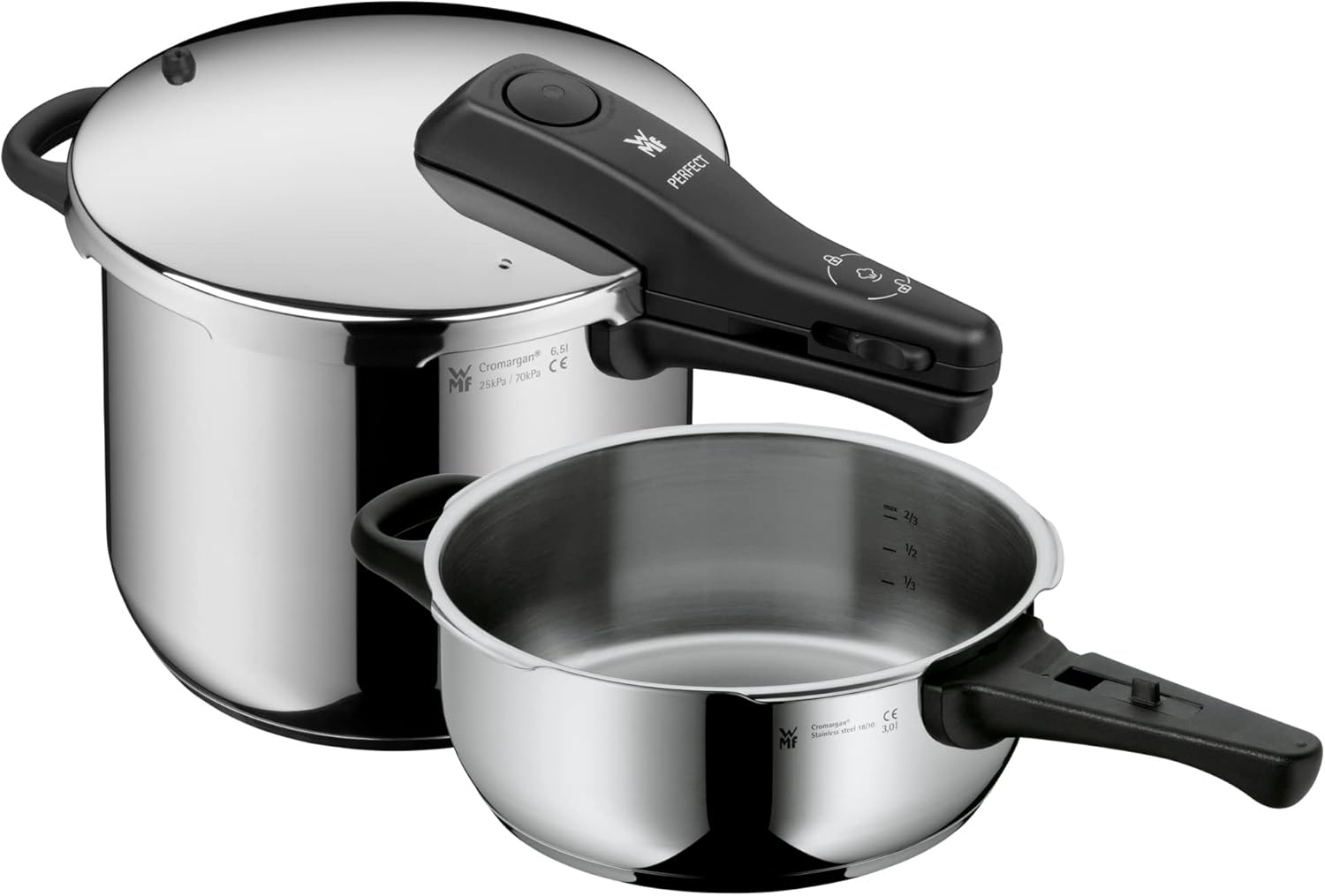WMF Perfect One Pot Schnellkochtopf Set Induktion 2-teilig, Dampfkochtopf 6,5l, 3l, großes Kochsignal, 2 Kochstufen, abnehmbarer Deckelgriff, Edelstahl