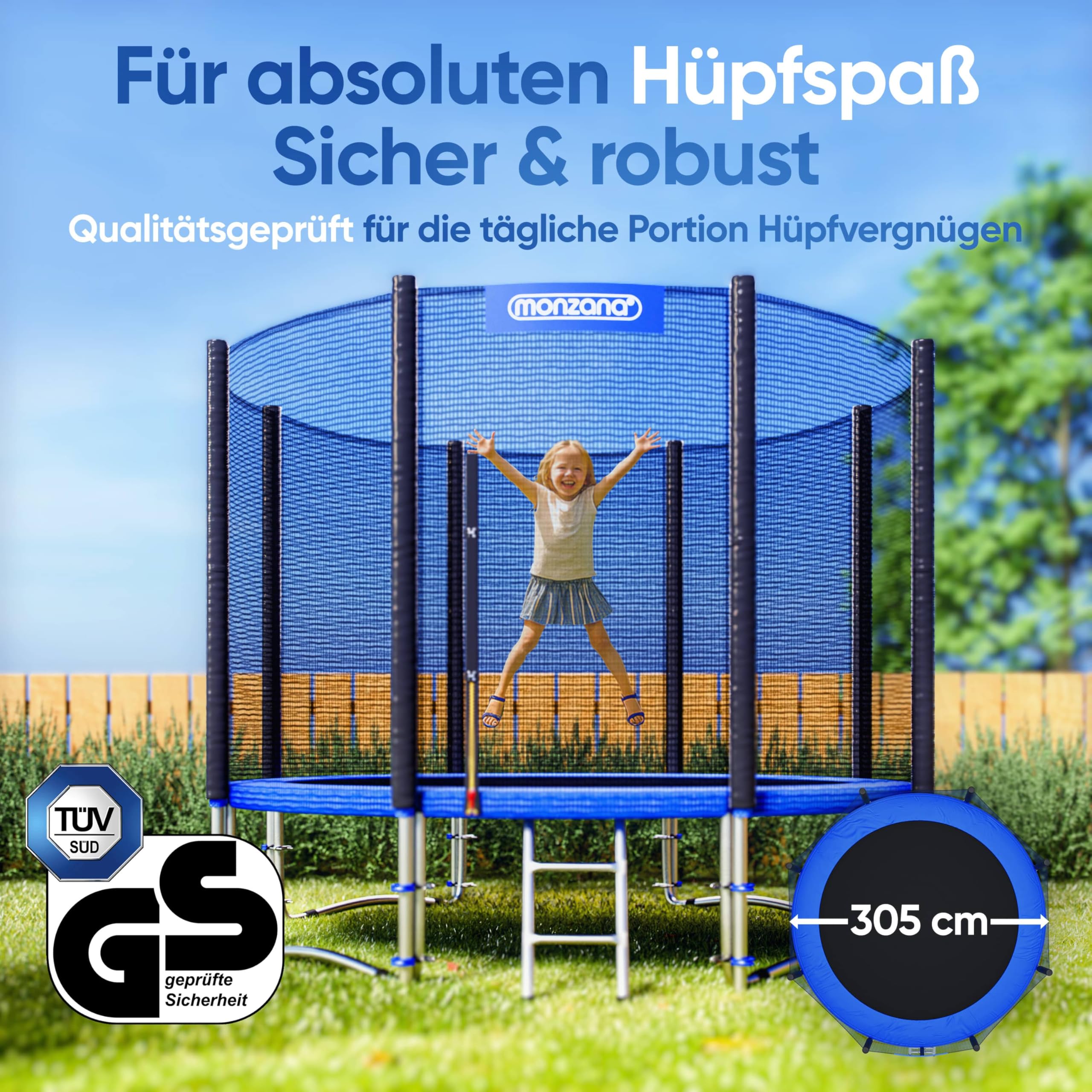 Trampolin 183 244 305 366 427 cm TÜV SÜD GS zertifiziert Sicherheitsnetz Leiter Randabdeckung Gartentrampolin