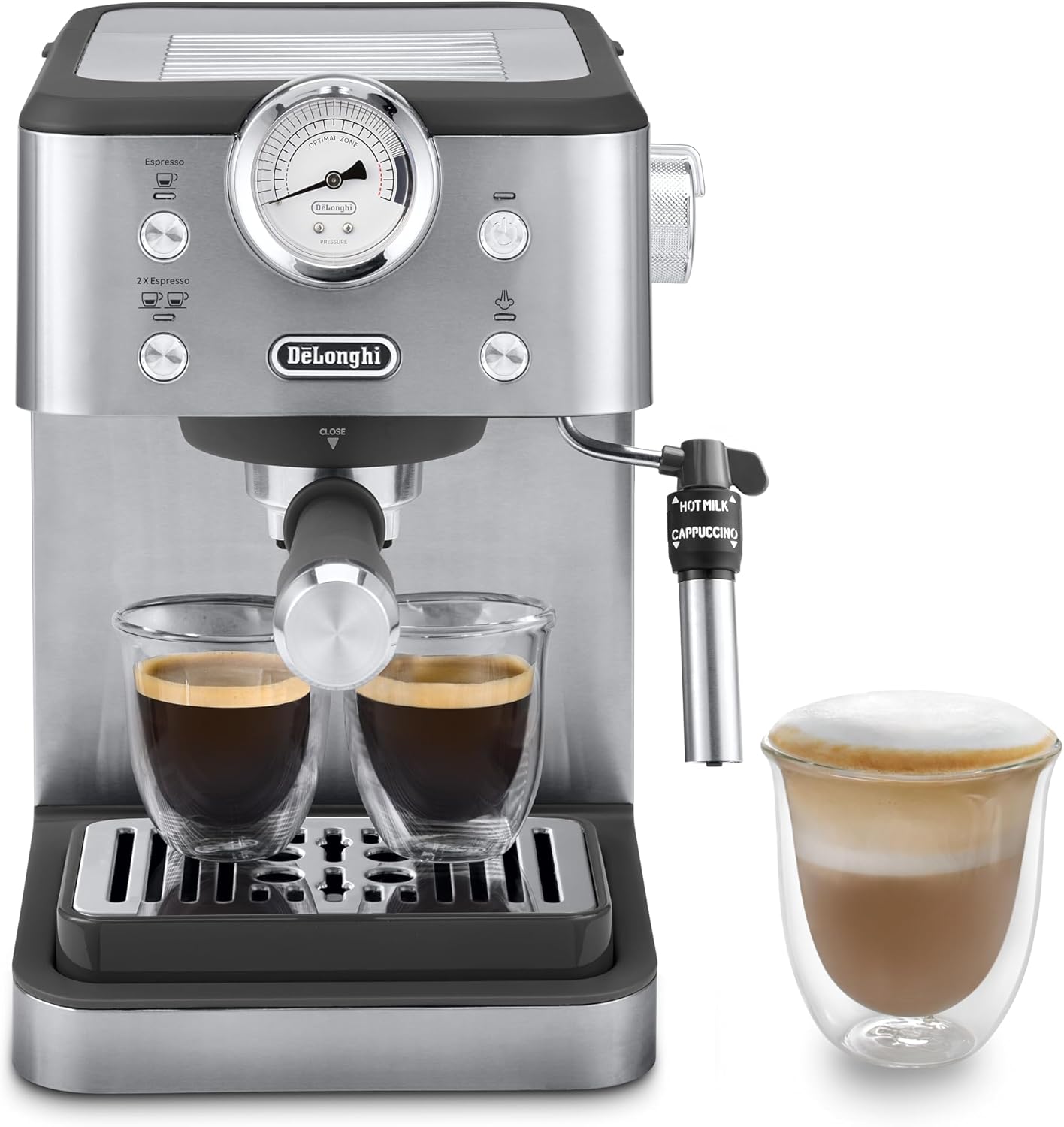 De'Longhi Siebträgermaschine Linea Classic EM450.M, Espressomaschine mit professionellem Milchaufschäumer, Vollmetallgehäuse, 15 Bar, 1,7 l Wassertank, Edelstahl/Metall
