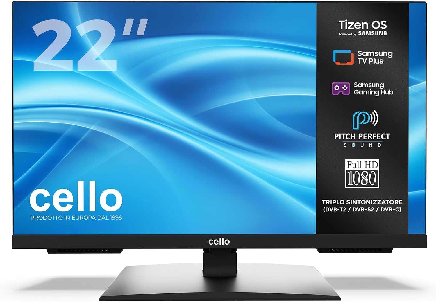 Cello C2226TZH TV LED Smart da 22' senza cornice con Tizen OS di Samsung, Gaming Hub, altoparlanti Pitch Perfect, ideale per cucina e camera da letto, triplo sintonizzatore