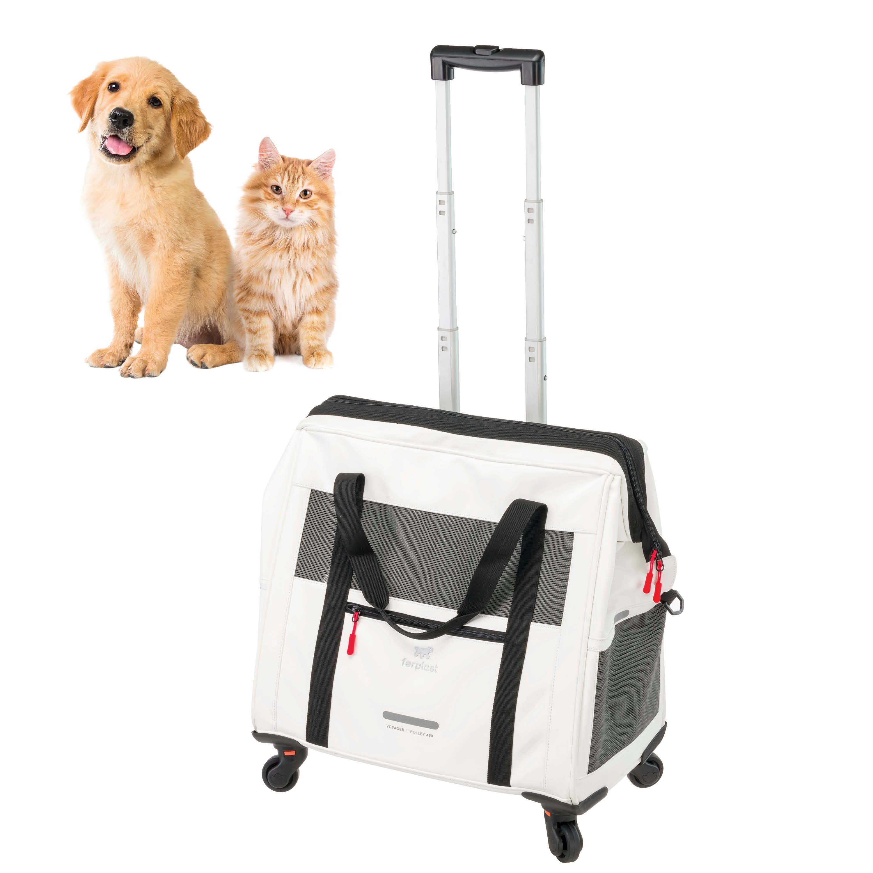 2025 Voyager Trolley di Ferplast – elegante e leggero trolley in similpelle per gatti e cani di piccola taglia fino a 15 kg. Con ruote, finestre in rete e cintura di sicurezza – perfetto per viaggi comodi.