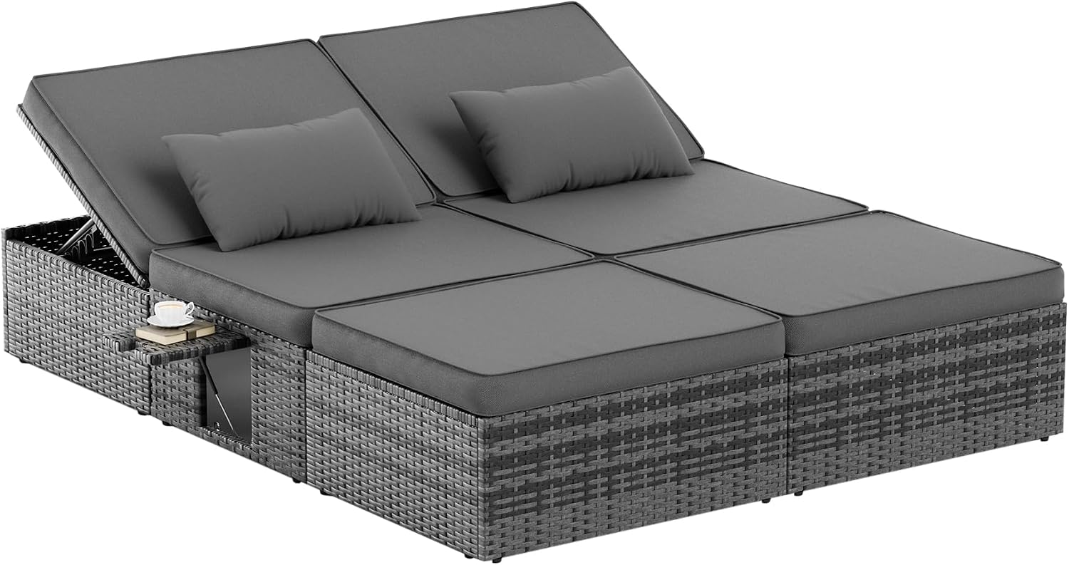 Amopatio Sonnenliege 2 Personen mit Klapptisch, XXL Wetterfest Gartenliege 200kg Belastbar, Balkon & Terrasse, Grey, 200x160x30cm
