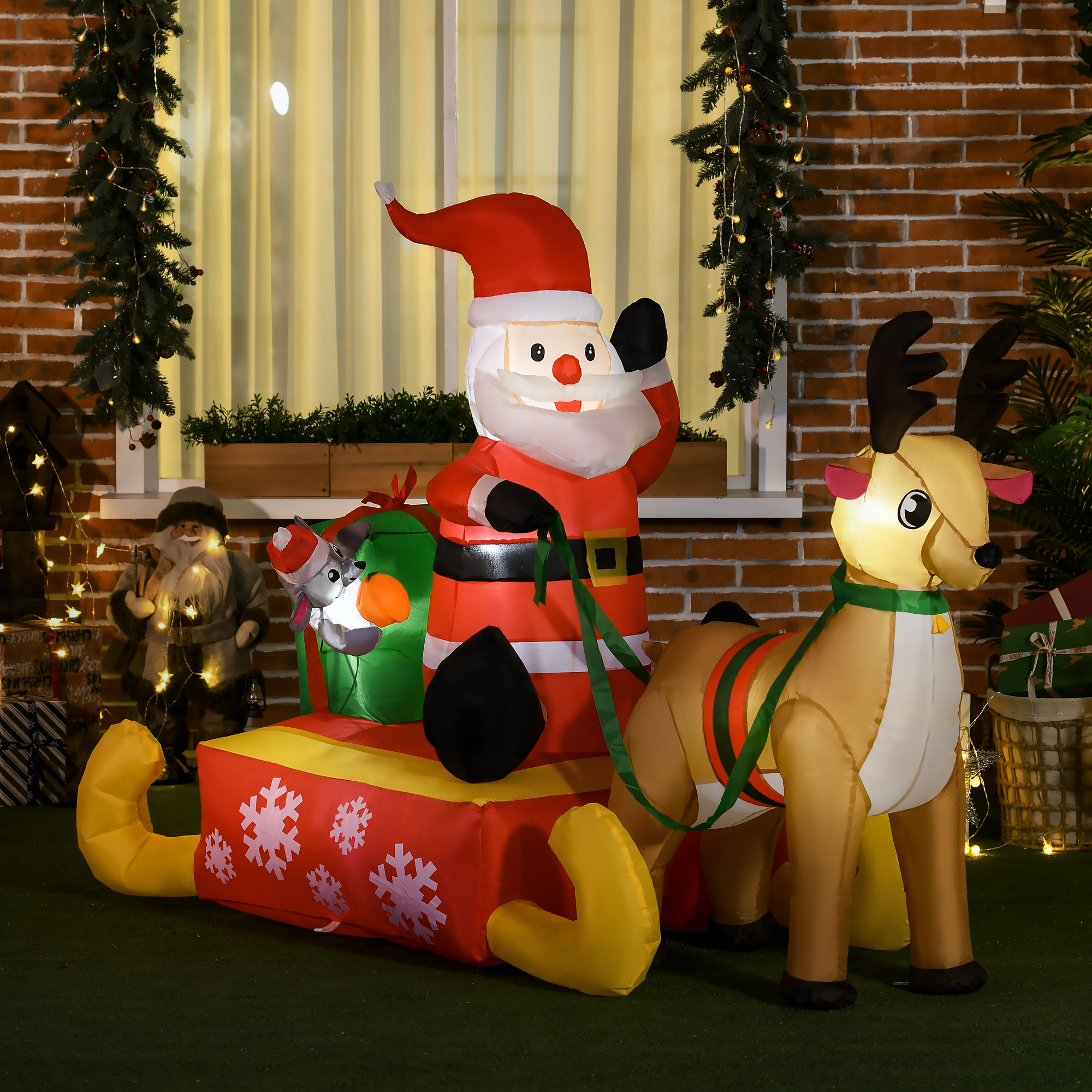 Opblaasbare Kerstdecoratie, Kerstman met Slee en Rendier, met LED-Lichten, voor de Tuin