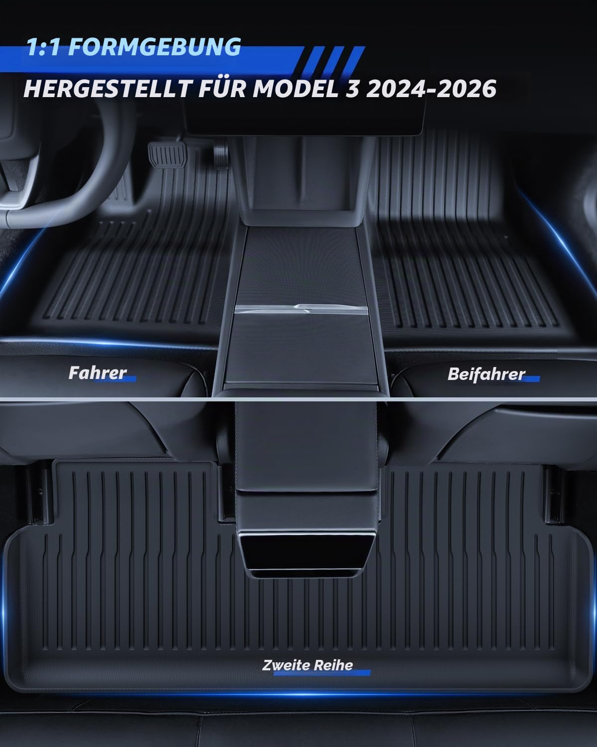 Fußmatten-Set 6-teilig für Tesla Model 3 2024-2026 aus TPE mit hohem Rand Allwetterschutz wasserdicht mit Kofferraummatte