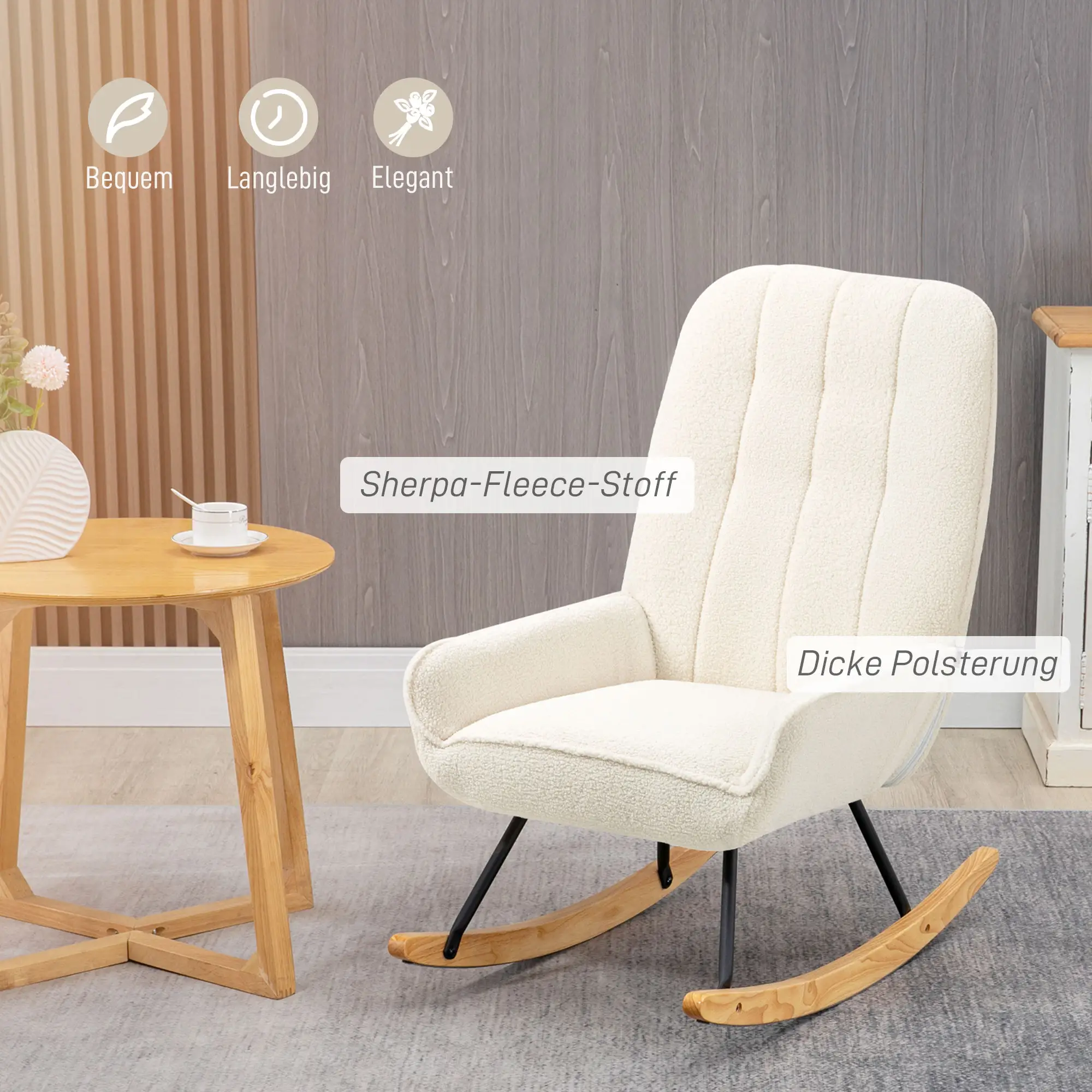HOMCOM Schaukelstuhl Wohnzimmer Entspannung Komfort Sherpa Fleece Cremeweiß