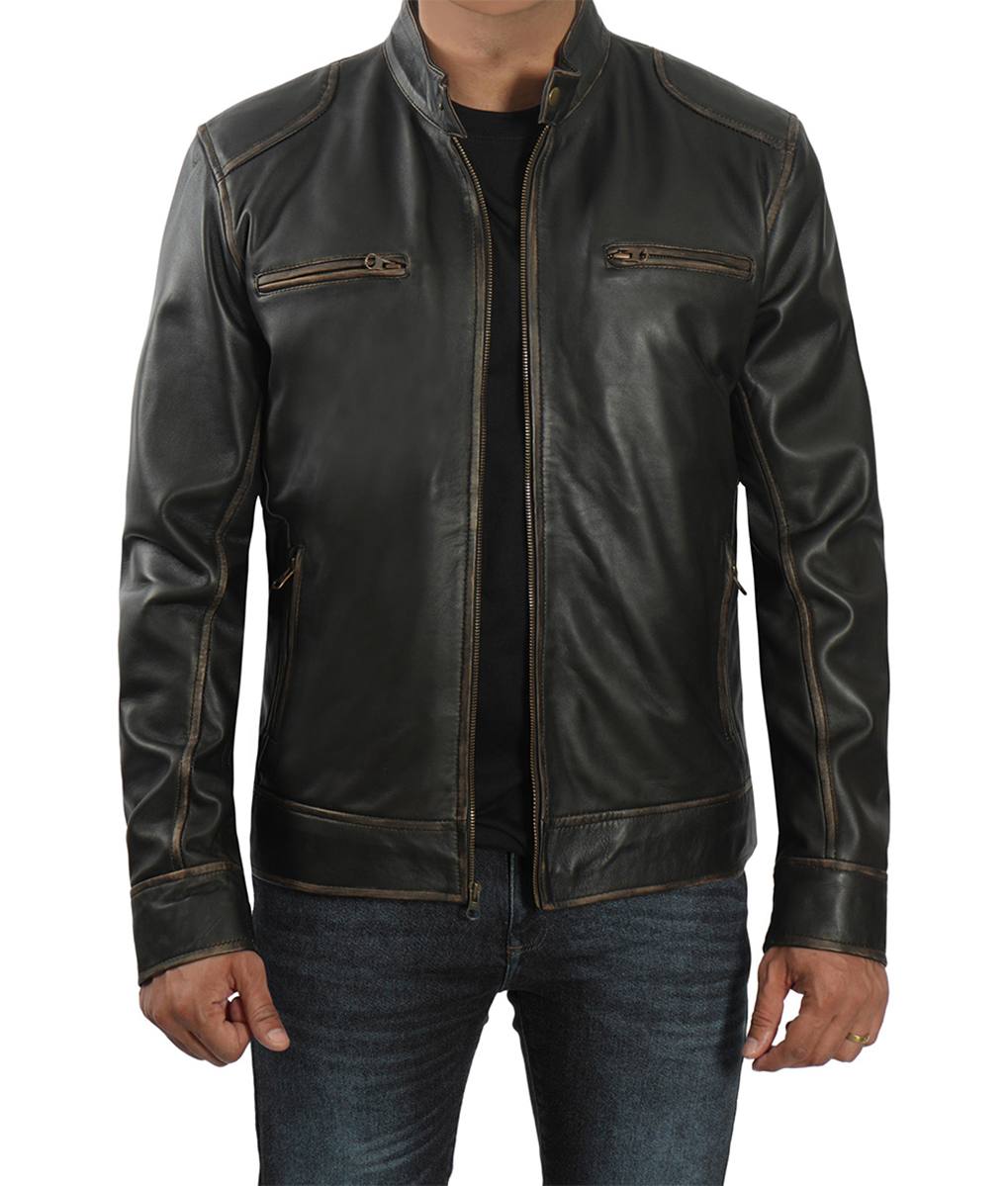 Mens Brown Distressed Cafe Racer Leather Jacket