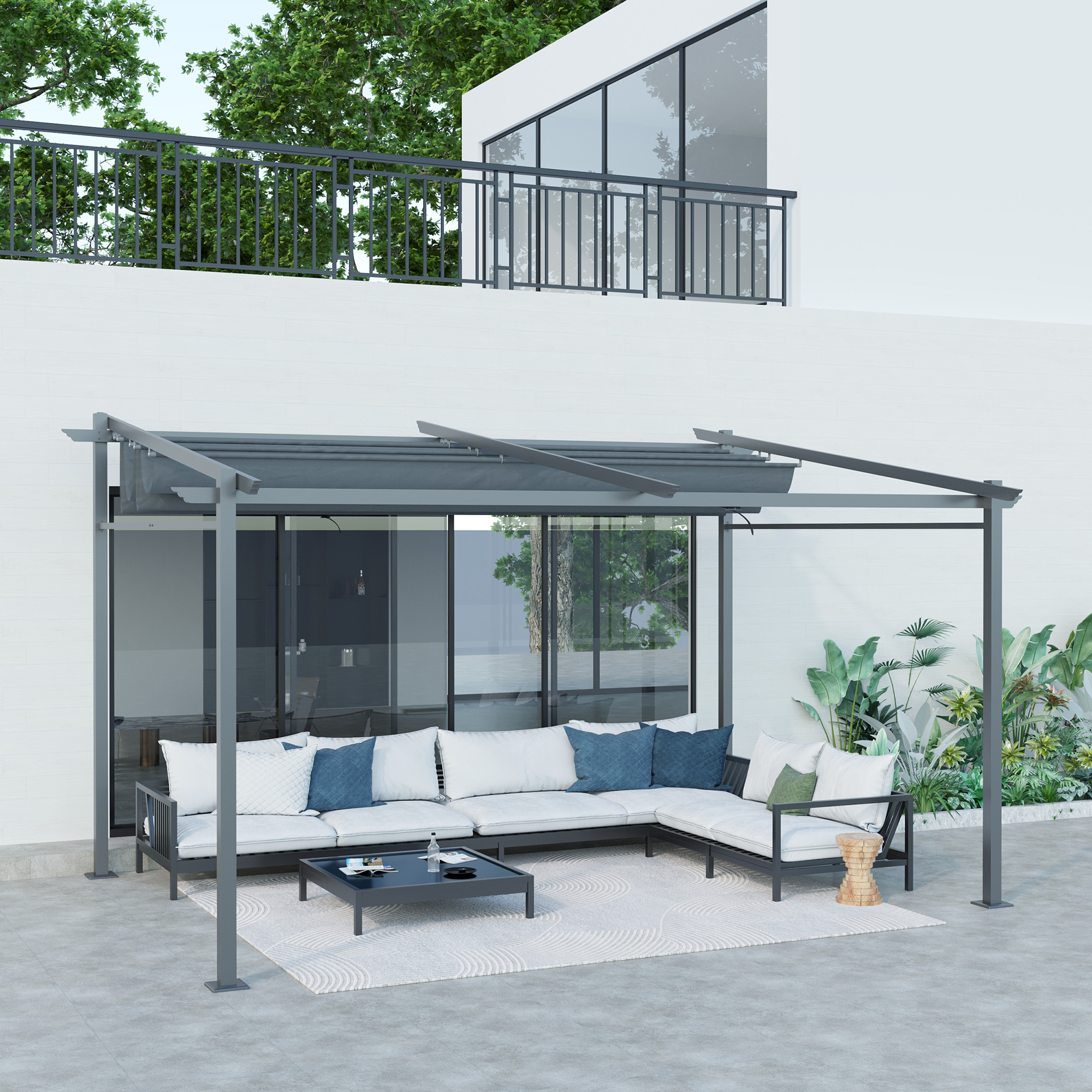Pergola met Bevestigingsmaterialen, Intrekbaar Dak, 3,97m x 2,95m x 2,3m, Donkergrijs