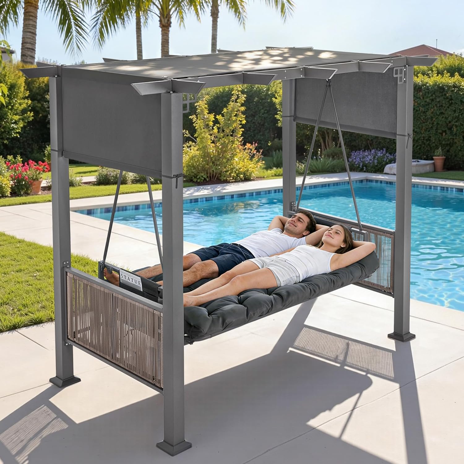 M MCombo dondolo Hollywood 3 posti con funzione letto e padiglione da giardino, dondolo con tettuccio retrattile, cuscino extra spesso da 8 cm e ganci silenziosi, panca da giardino 4067 (grigio)