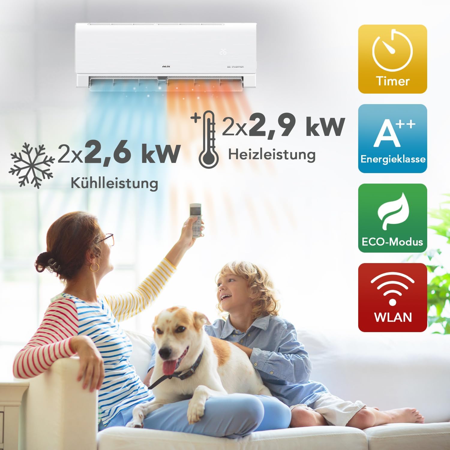 A++ AUX Klimaanlage Set Multi Split 18000 BTU (5,3kW) – Außengerät + 2x 9000 BTU Wandgerät mit WLAN – R32 Kältemittel – Mattweiß – leise Klimaanlage für 2 Räume – anschlussfertig