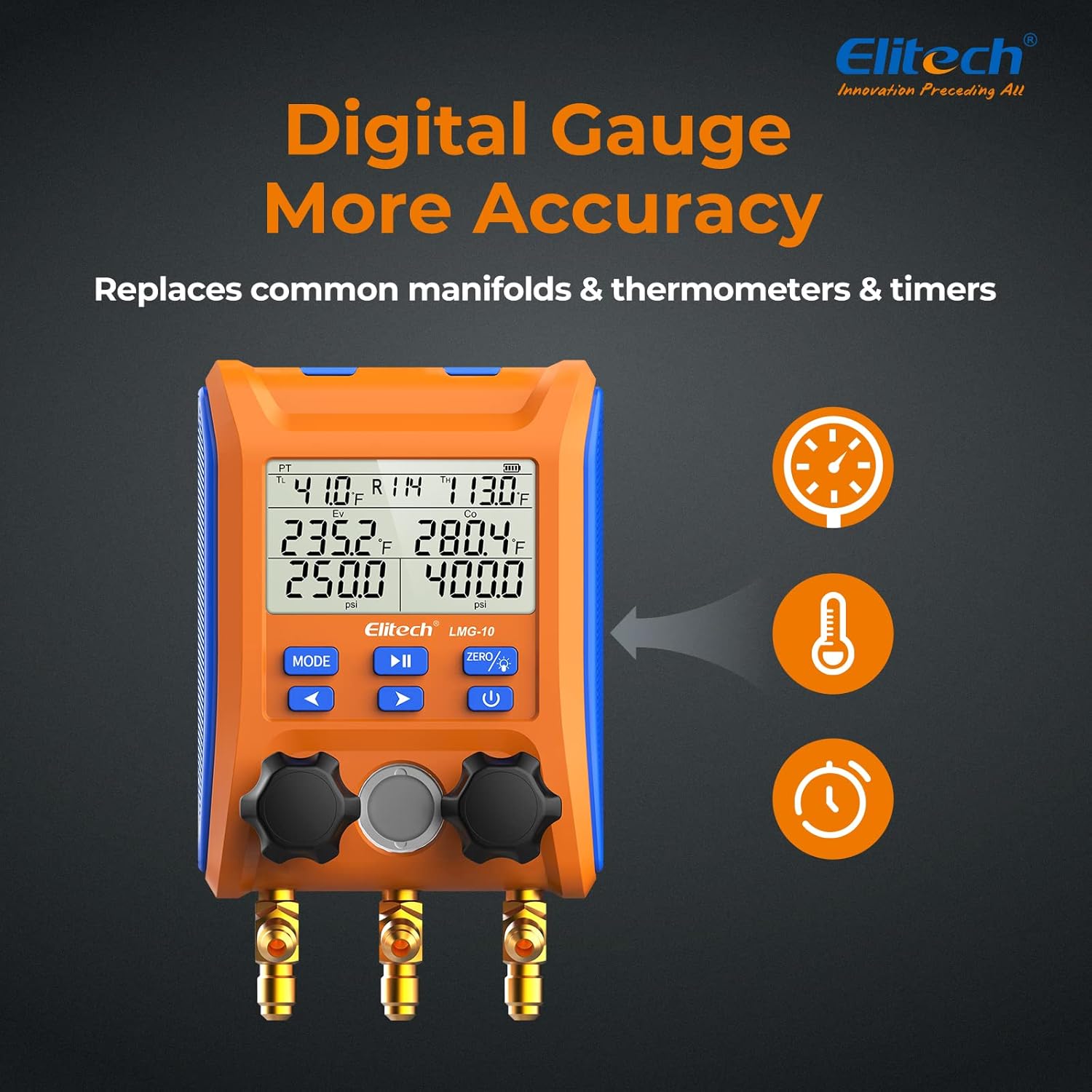 Elitech Kältetechnik die Monteurhilfe Manifold Gauge Set, Hochpräzises Vakuum Drucktemperatur Lecktester Tester Digitales Messgerät für Kühlschränke LMG-10