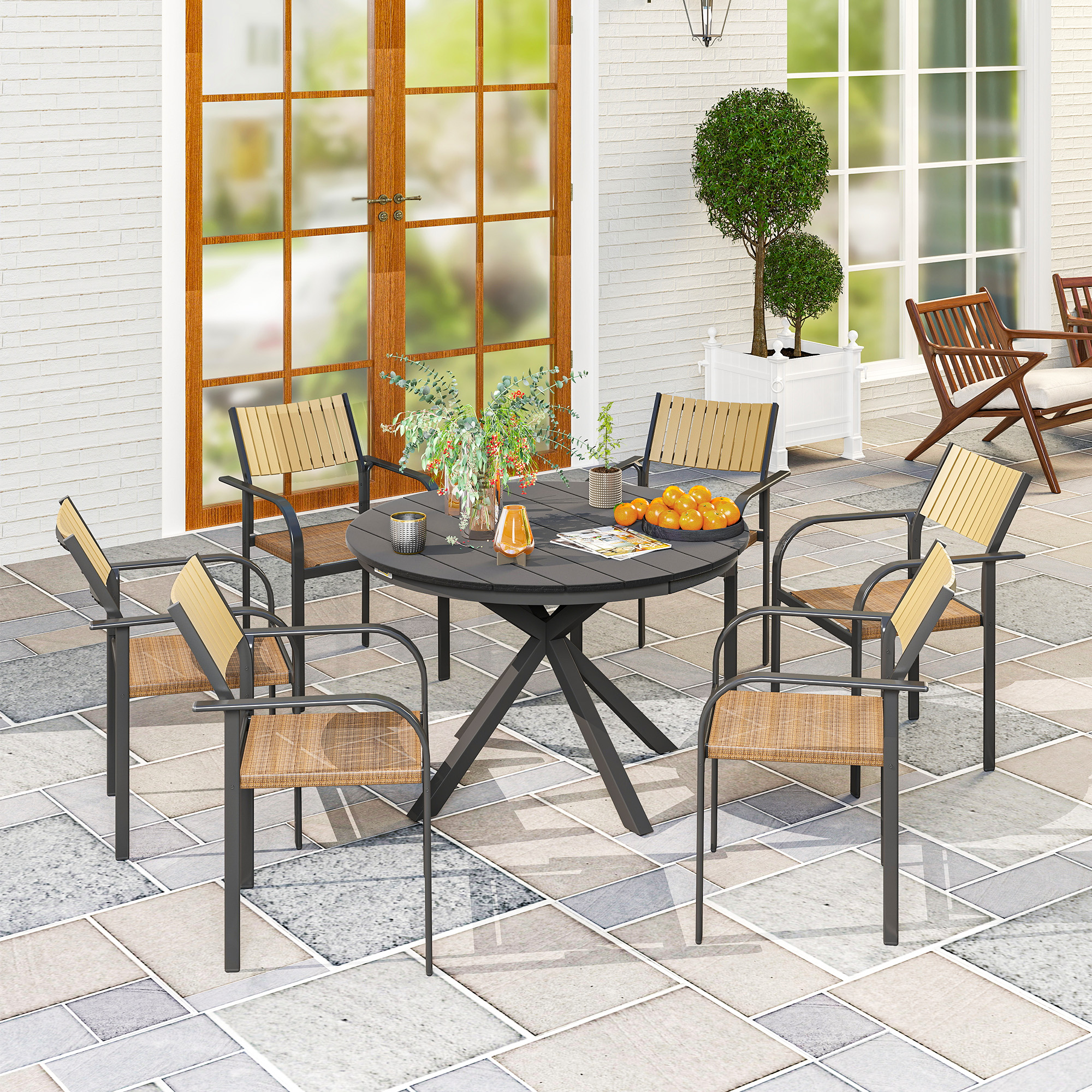 Outsunny Runder Gartentisch Ø 118 cm mit Aluminiumrahmen für Balkon, Veranda, Terrasse, schwarz