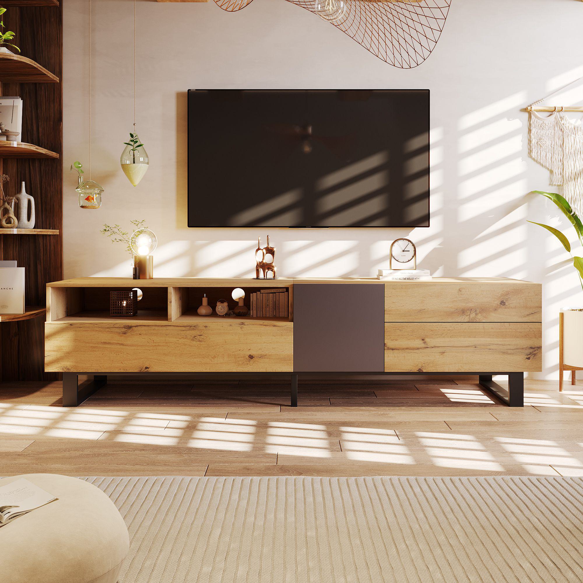 Moderner TV-Schrank mit Hochglanzoberfläche und Colorblocking-Design, Holzfarbe