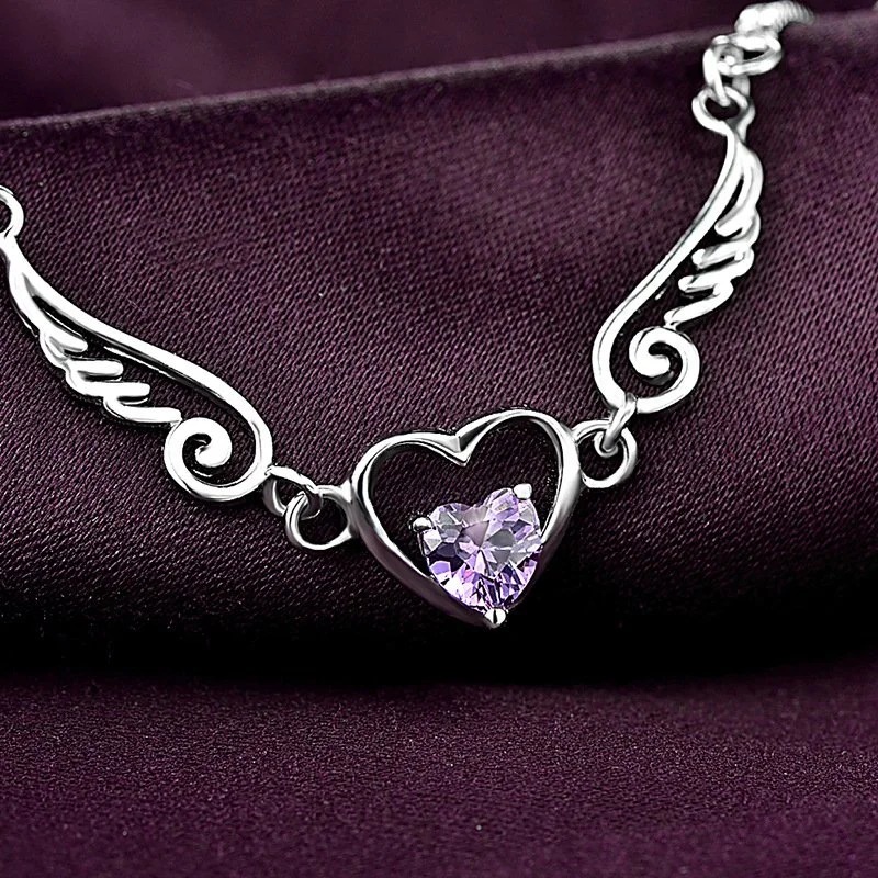 Náramok S925 Srdce a Krídla s Fialovým Zirkónom – Eurocharms