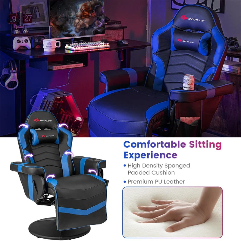 Ergonomic Gaming Recliner Chair with Massage, Retractable Footrest & Cup Holder, Height Adjustable Racing Style Swivel Video Game Chair