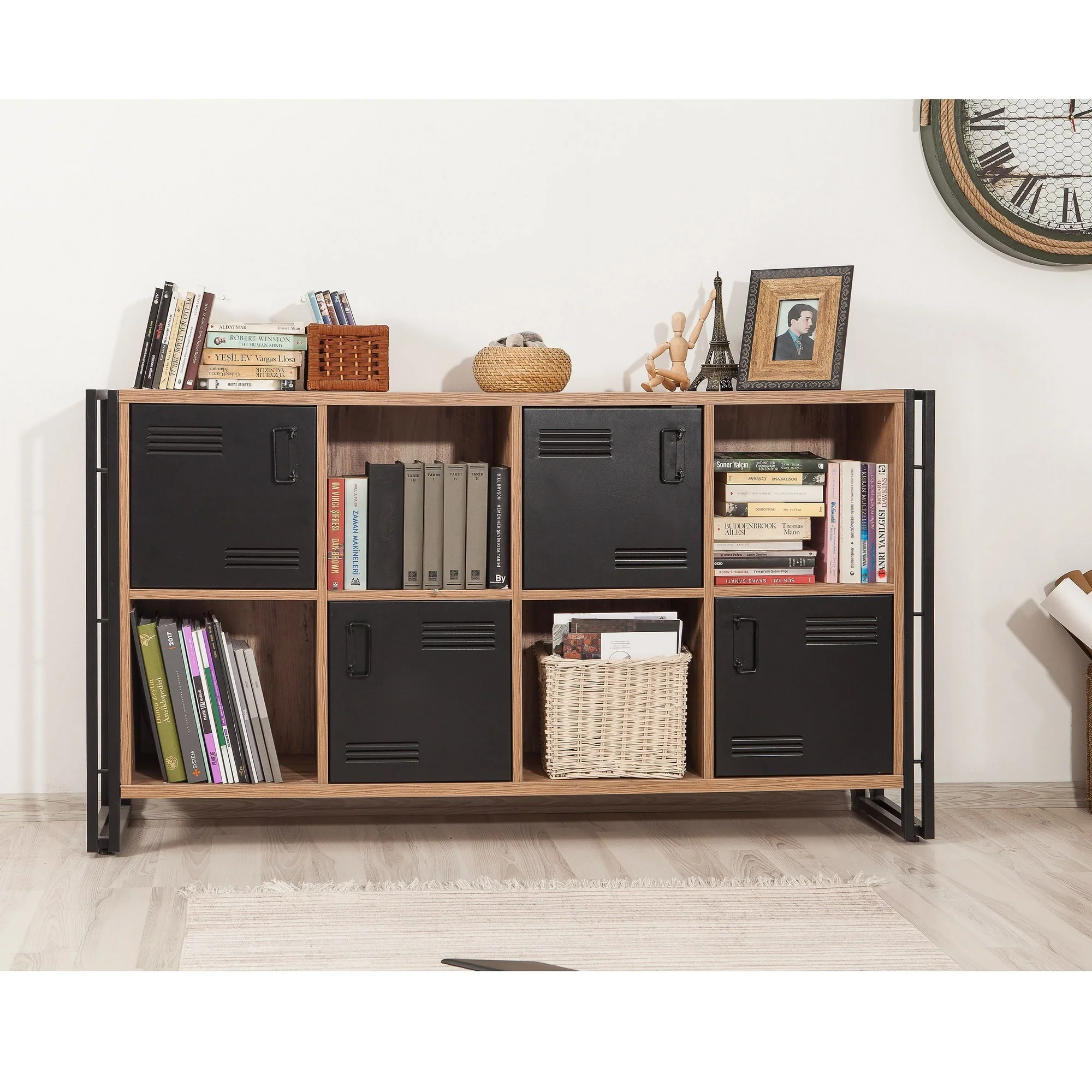 Libreria scaffale bassa a scacchiera industrial legno e metallo 8 vani cm 164x35x89h