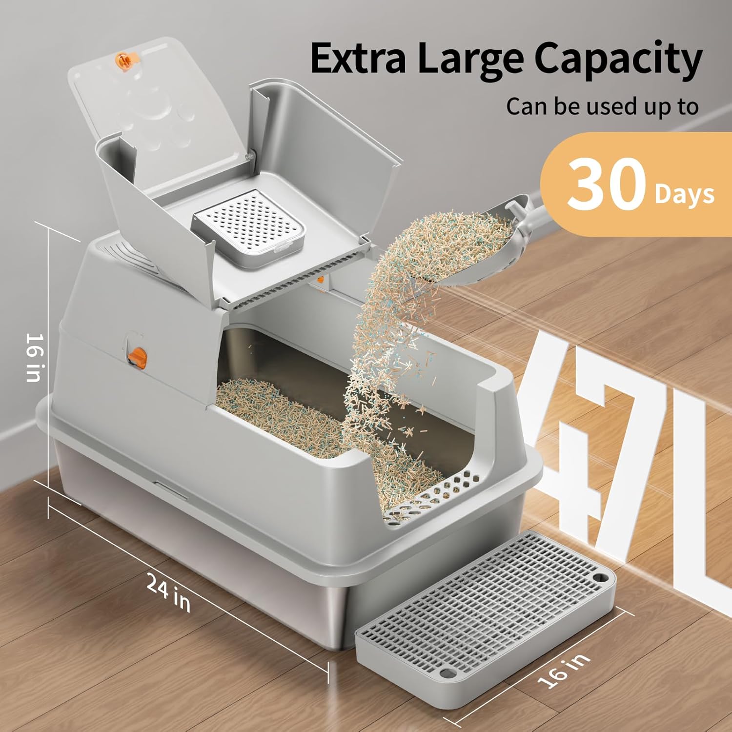 Lettiera per Gatti in Acciaio Inox, Lettiera Gatto Chiusa XXL, Lettiera Gatto Grande con Pala in Metallo, Doppio Strato Opaco Toilette per Gatti Grande - Grigio