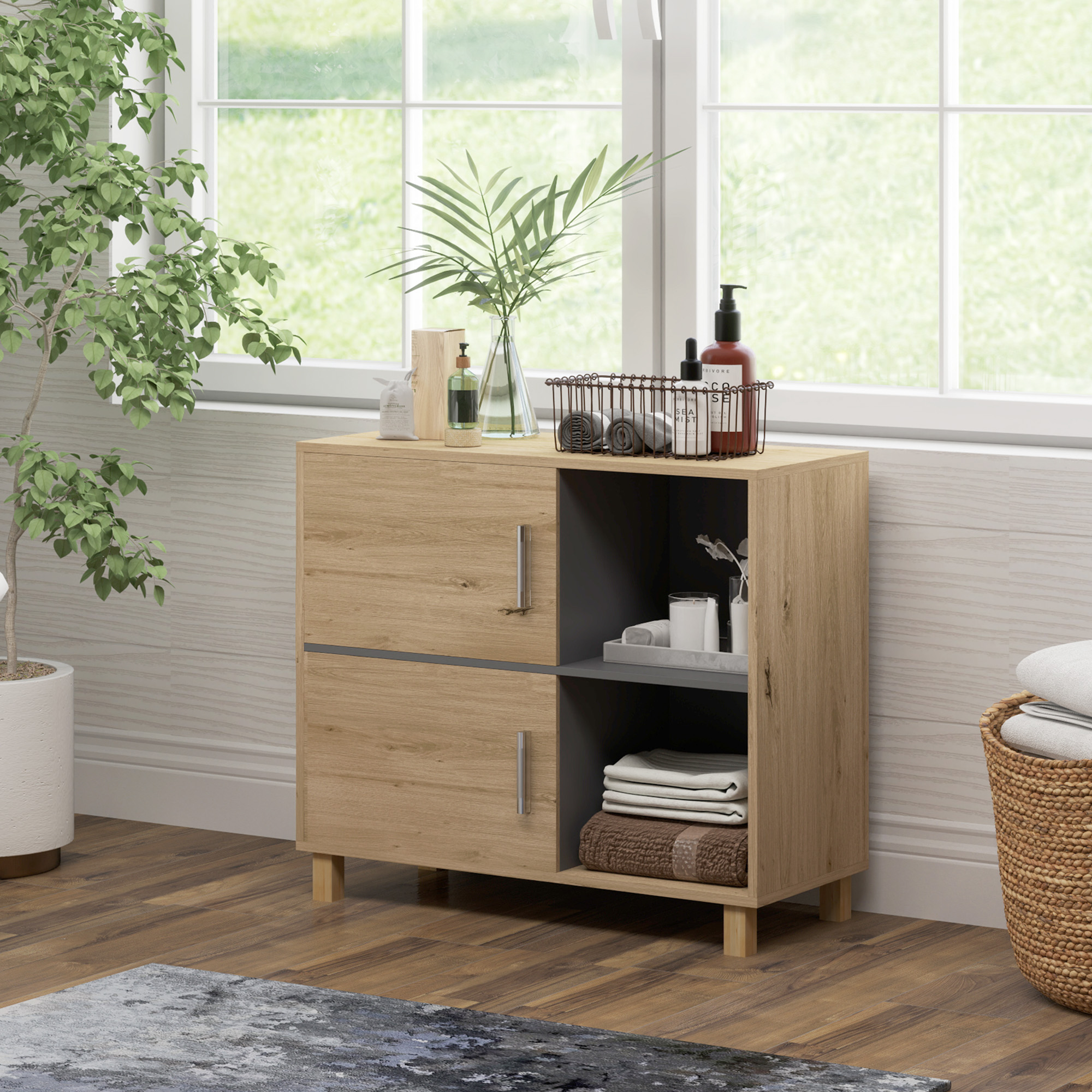 HOMCOM Badezimmerschrank, Aufbewahrungsmöbel mit offenen Fächern und Schrank, Maße 80 x 35 x 70 cm, natürliche Holzoptik