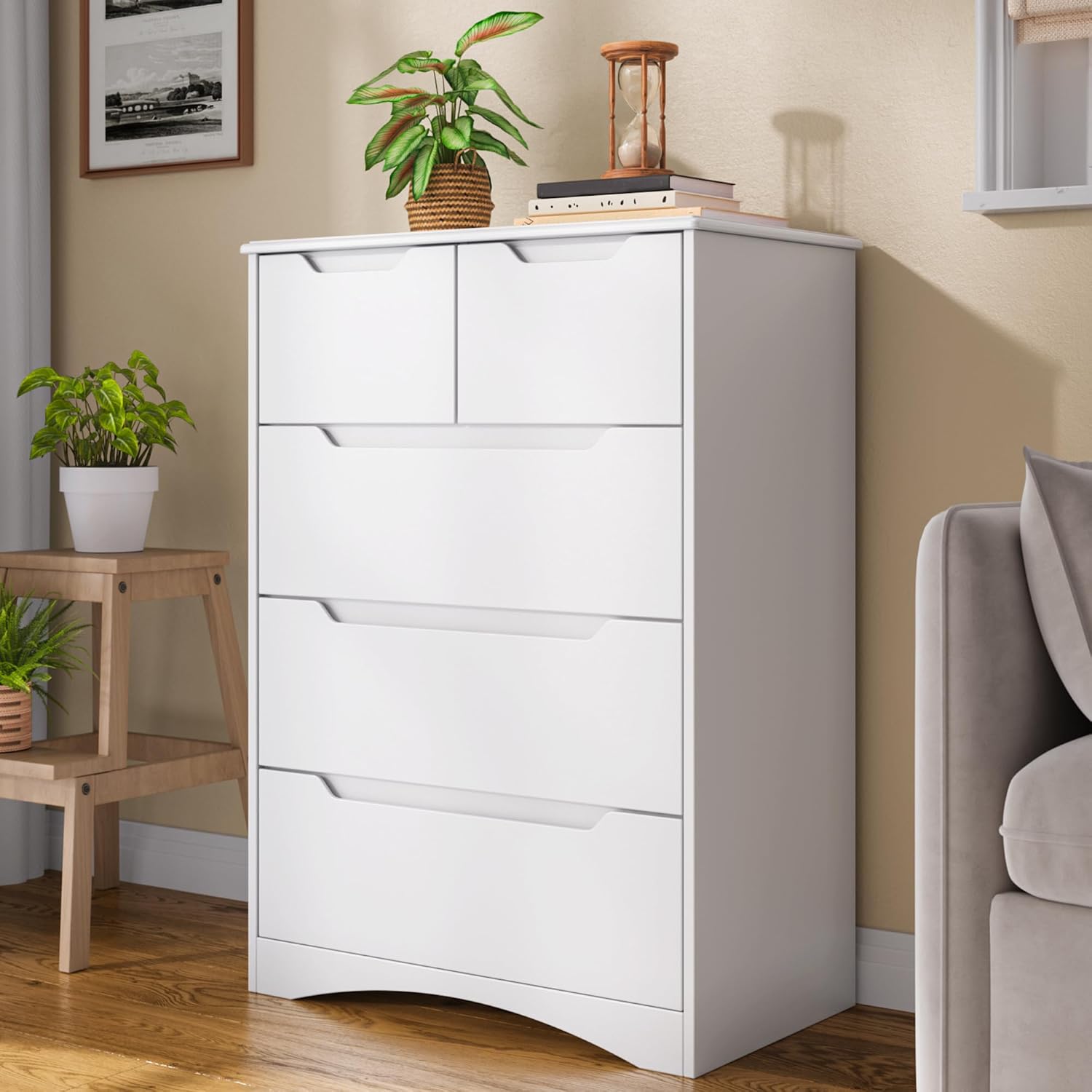 Cassettiera Camera da Letto con 5 cassetti, settimino camera da letto,Moderno e Salvaspazio per la Camera da Letto Soggiorno e Ingresso, 94 x 72 x 41 cm,Bianco