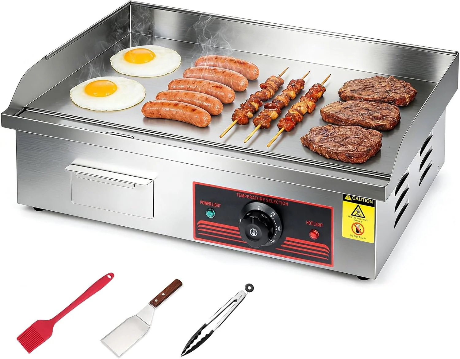 Grillplatte Elektrisch 3000W, Kommerzielle Elektrische Grillplatte Edelstahl Grillfläche Flach 55x41cm, Temperatur 50-300°C