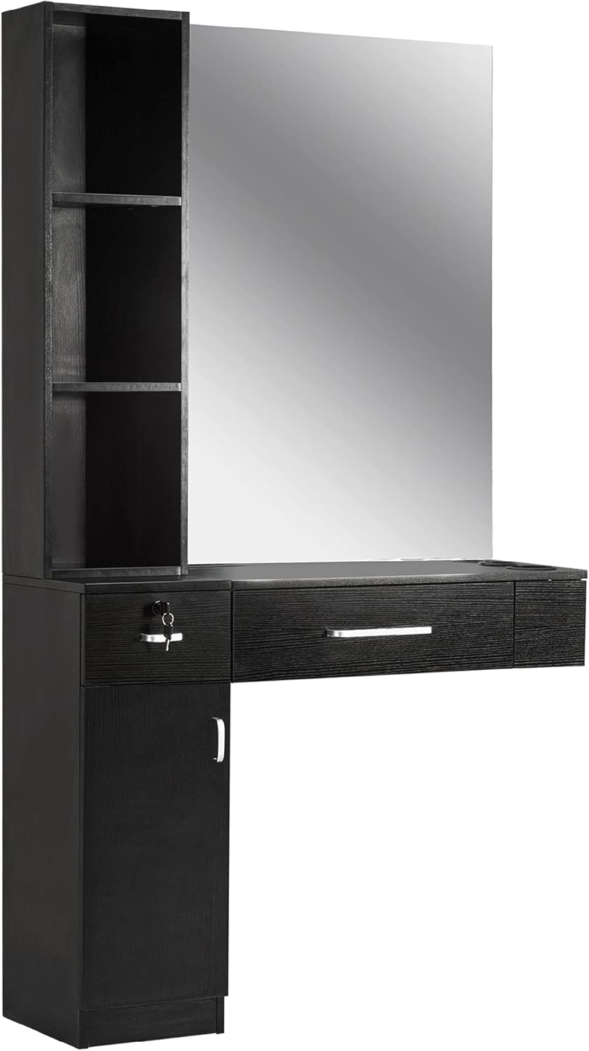 Barberpub 3036 Hairdresser with Drawers and Mirror, 3 Shelves and Hair Dryer Holder, Wooden Mirror Cabinet, Multi-purpose, Modern, 3036 (Black)