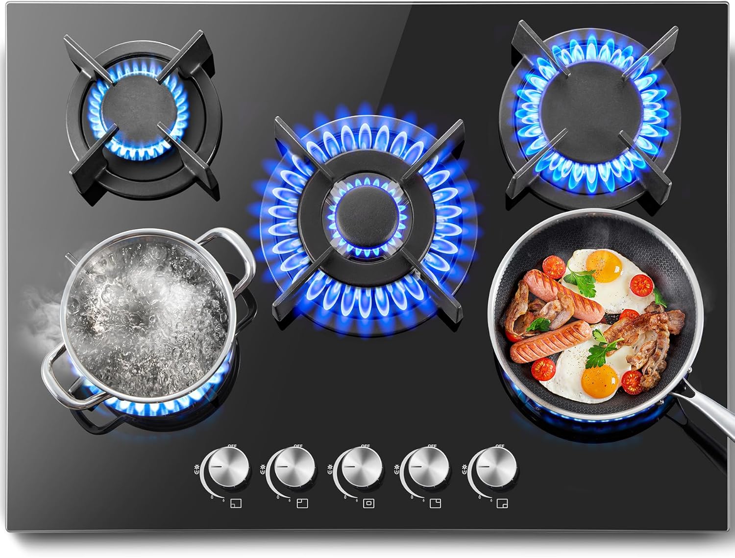 SNDOAS Piano Cottura 5 Fuochi, Piano Cottura 70cm con Protezione Automatica Della Fiamma, Gas Naturale e Gas Propano, Incorporato, Nero, 10400 W, 220-240 V