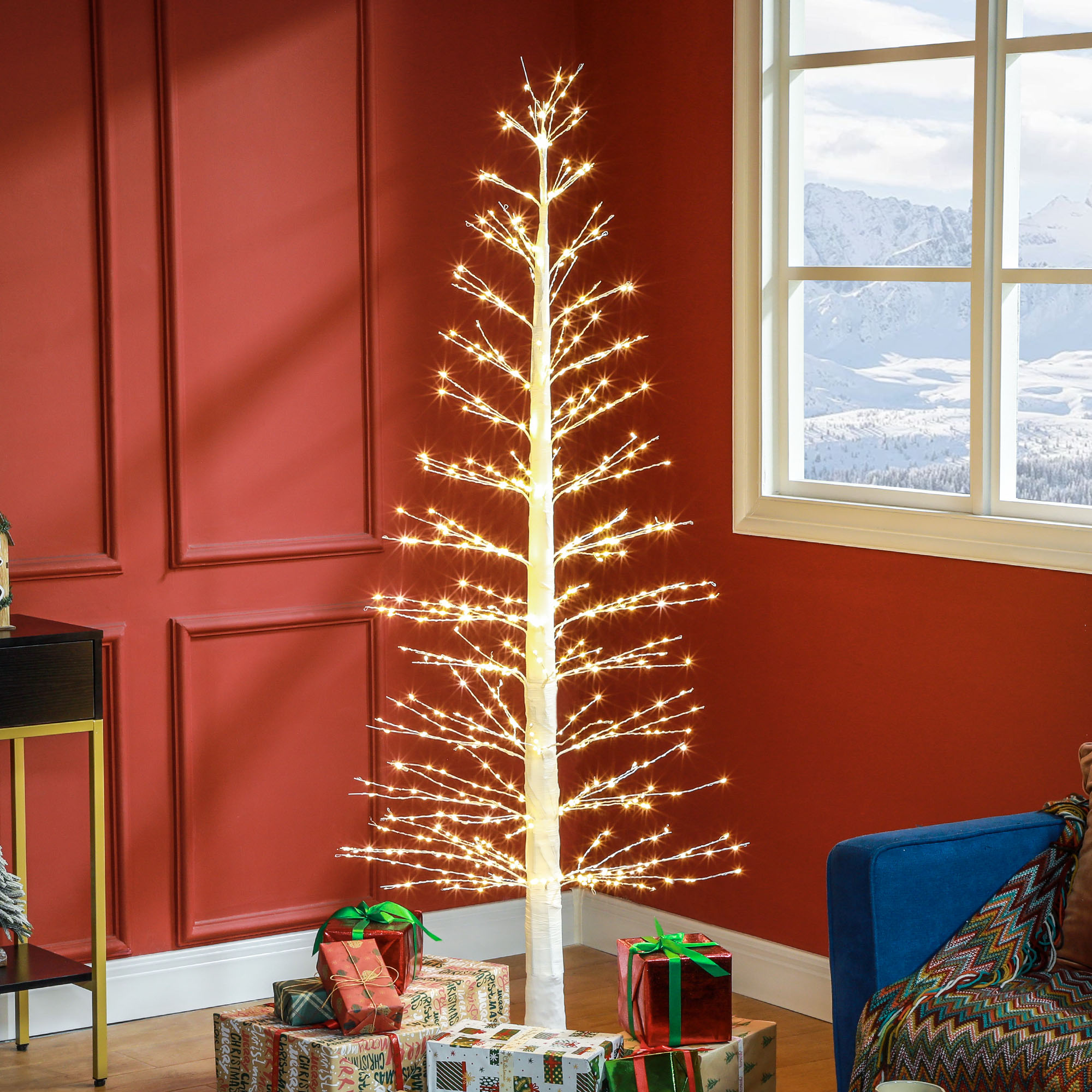 HOMCOM Kunsttanne mit LED-Beleuchtung, 180 cm hoher Weihnachtsbaum, realistische Rinde, Weiß
