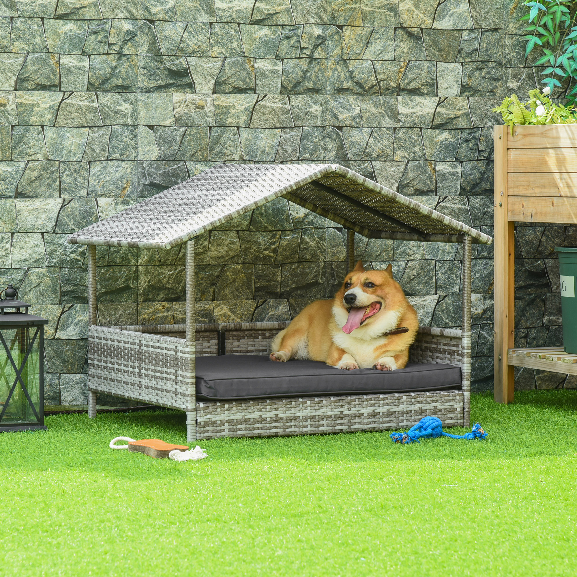 PawHut Hundehütte Haustierbett Hundekorb, wetterbeständig, abnehmbares Poster, Grau