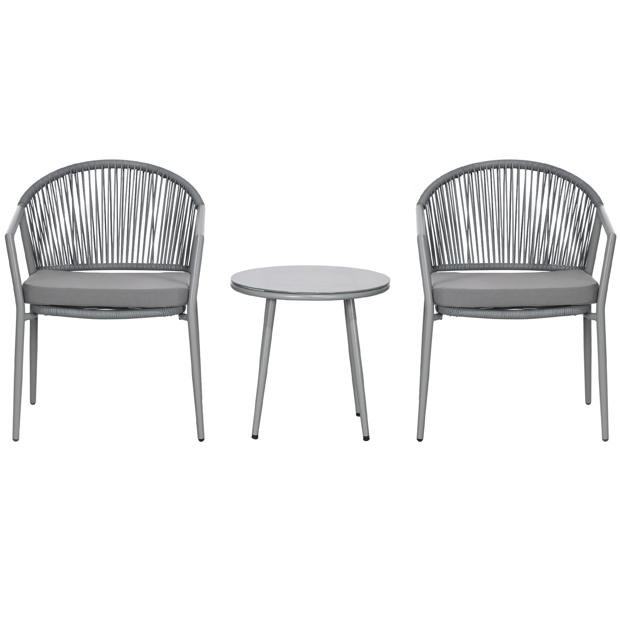 Outsunny Gartenmöbel-Set, 2 Stühle & 1 Tisch mit Glasplatte, Rattanoptik, wetterfest, Metallrahmen, Grau
