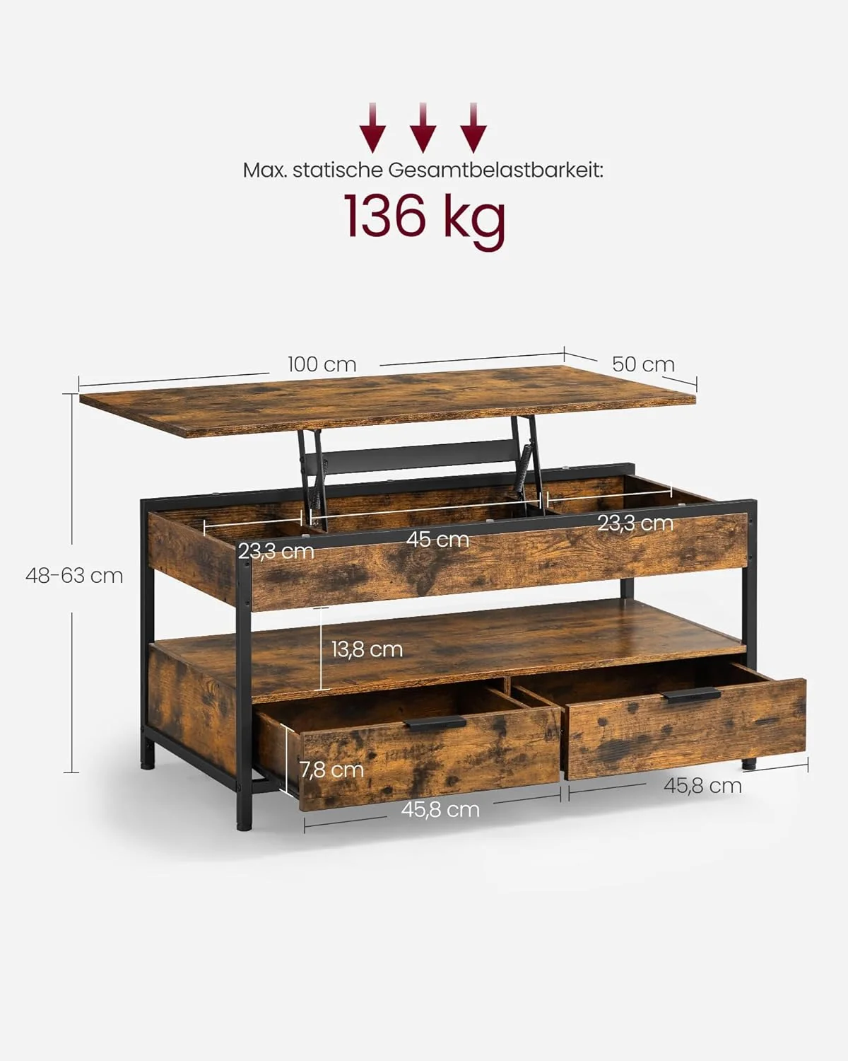 VASAGLE höhenverstellbarer Couchtisch mit Metallgestell im Industrial-Stil