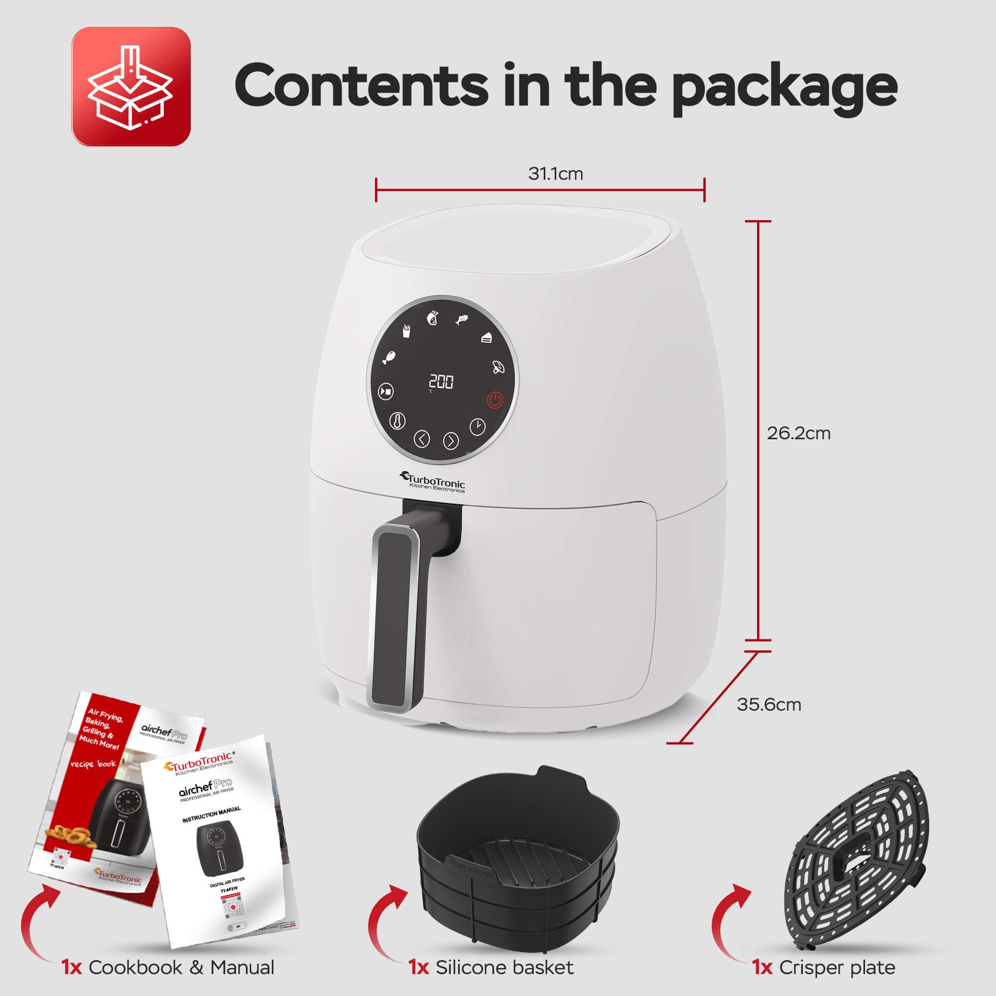Heißluftfritteuse mit Silikoneinlage Digitaler Airfryer 6 Programme gesund kochen Grill