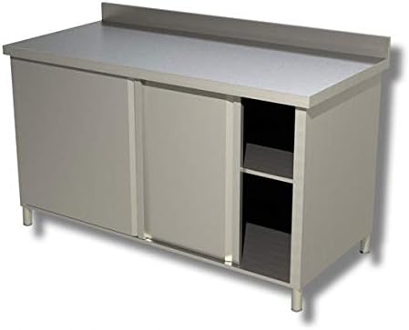 Tavolo acciaio Inox armadiato con scorrevoli e alzatina - Prof. 60 cm - 130x60x85H, SENZA ruote