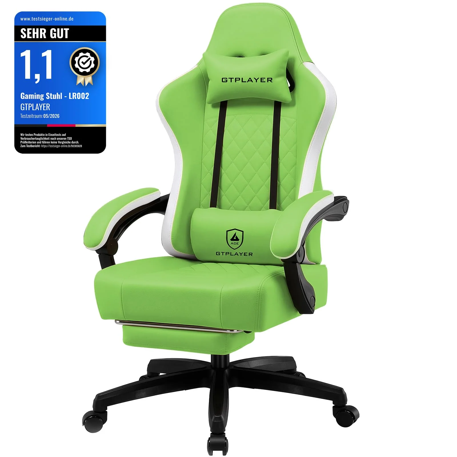 GTPLAYER Gamingstuhl mit Taschenfeder-Sitzkissen, Fußstütze und verstellbarer Rückenlehne