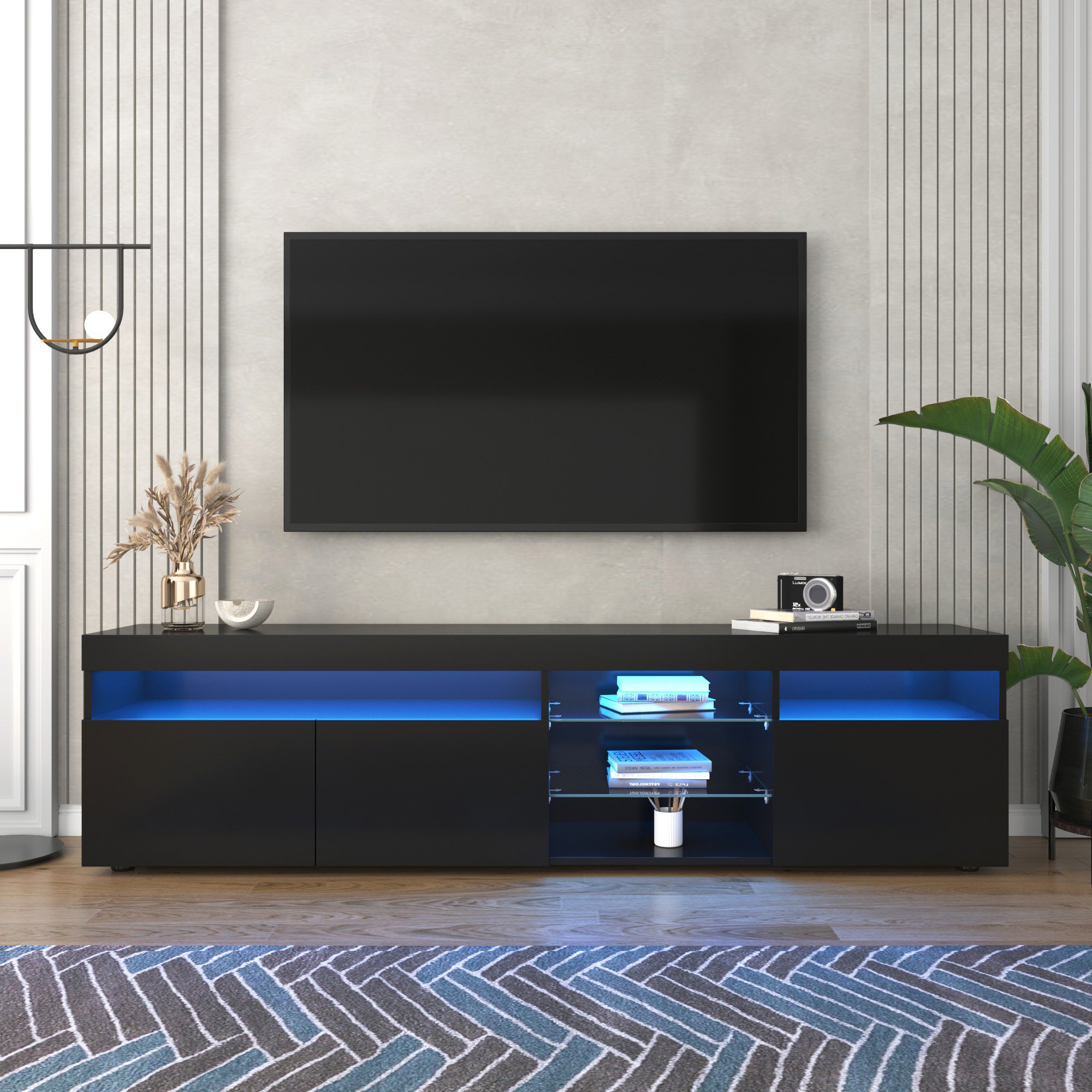 Moderner TV-Schrank mit LED-Beleuchtung, Hochglanz und Glaselementen, Schwarz