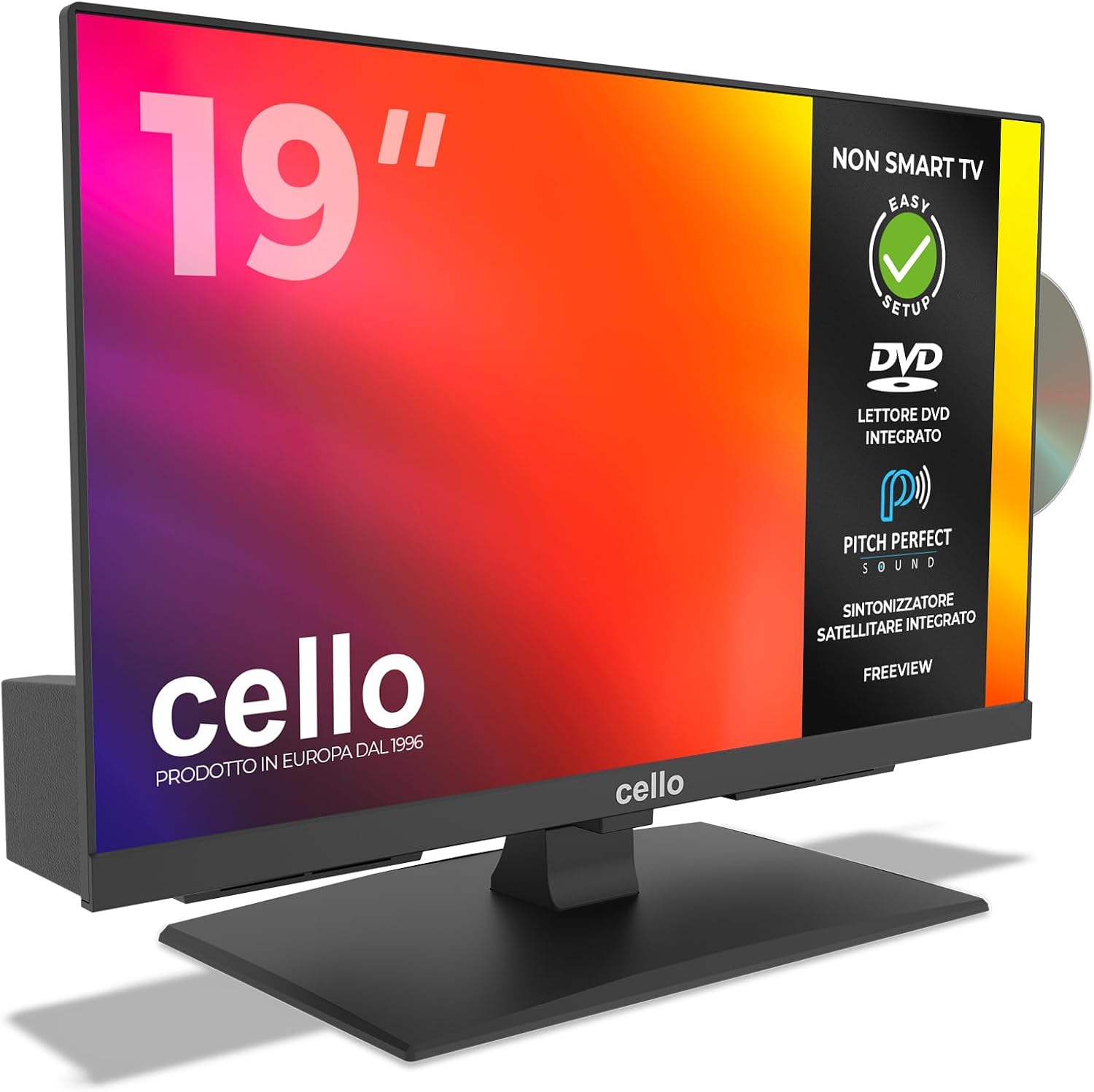 Cello C1924F TV LED da 19' con Lettore DVD Integrato, Triple Tuner, Audio Pitch Perfect, ideale per Cucina e Piccoli Spazi