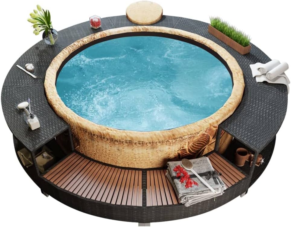 Hommdiy Umrandung mit Stauraum für Whirlpool Spa Schwimmbecken Poolumrandung Poly Rattan Schwarz Hartholz Rund Pulverbeschichteter Stahl Schwarz Schwimmbadwerbung, 41454110