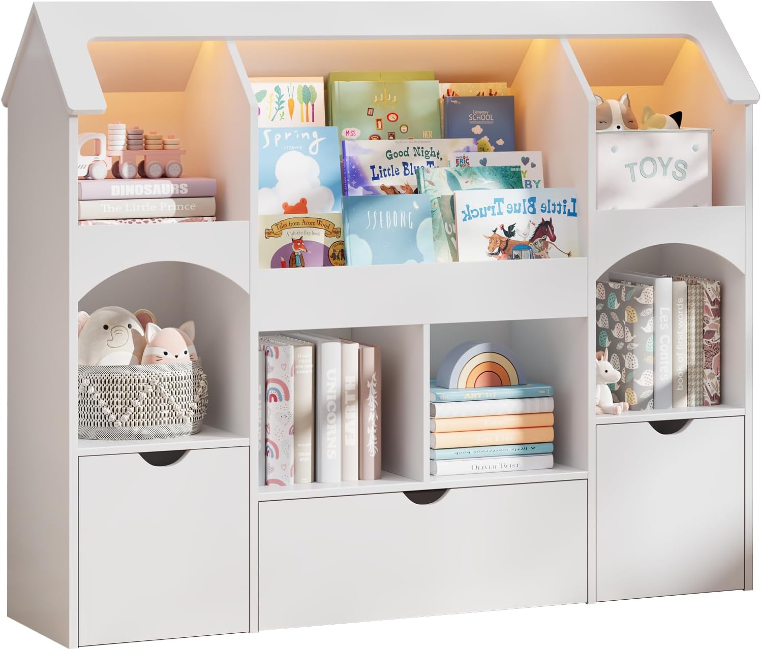 Kids Bookshelf with Toy Storage, Castle-Shaped Bookshelf with 3 Movable Drawers and LED Lights, Toy Storage Organizer with 3-Tier Book Rack for Kids Room, Playroom, Nursery