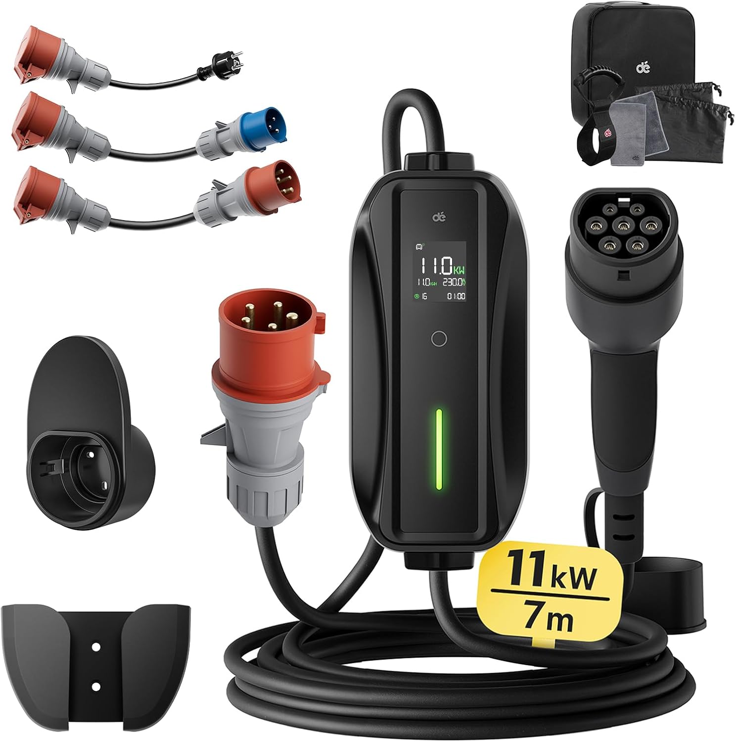 dé Mobile Wallbox/Ladestation 11kW 3-phasig|7m|6-16A] mit Traveller Adapter Set, Ladekabel CEE 16A auf Typ 2 und EV Ladegerät für Model Y/3, ID.3/4/5, MG4, EX30, e-up, e-tron, Zoe und andere EV