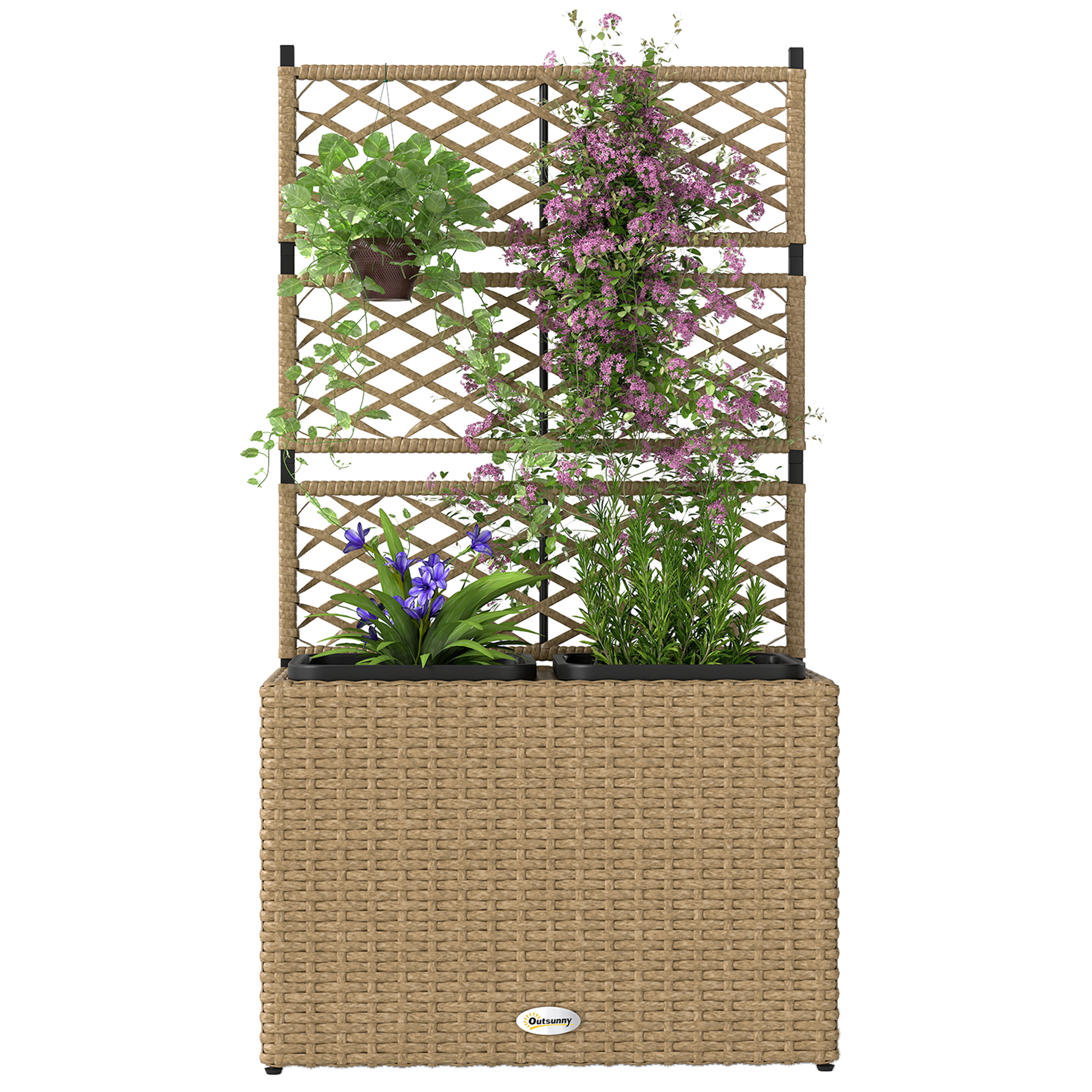 Outsunny Pflanzenkübel mit Rankgitter 3 Pflanzkästen 22L aus Polyrattan und Stahl 57 x 30 x 107 cm Sand