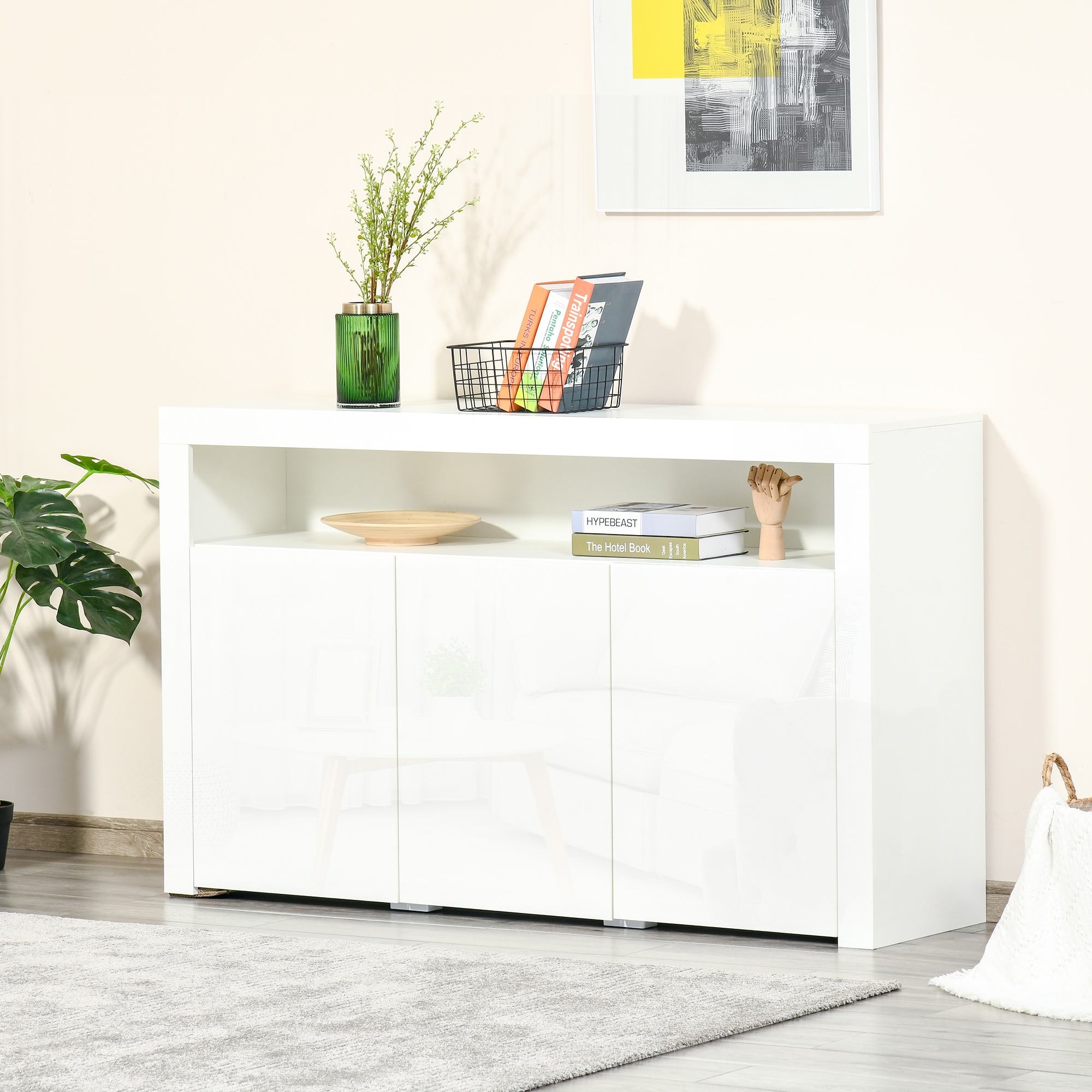 dressoir hoogglans voorraadkast keukenkast met led-verlichting en glazen plank voor entree eetkamer woonkamer Materiaal MDF en spaanplaat wit 97 x 35 x 83 cm