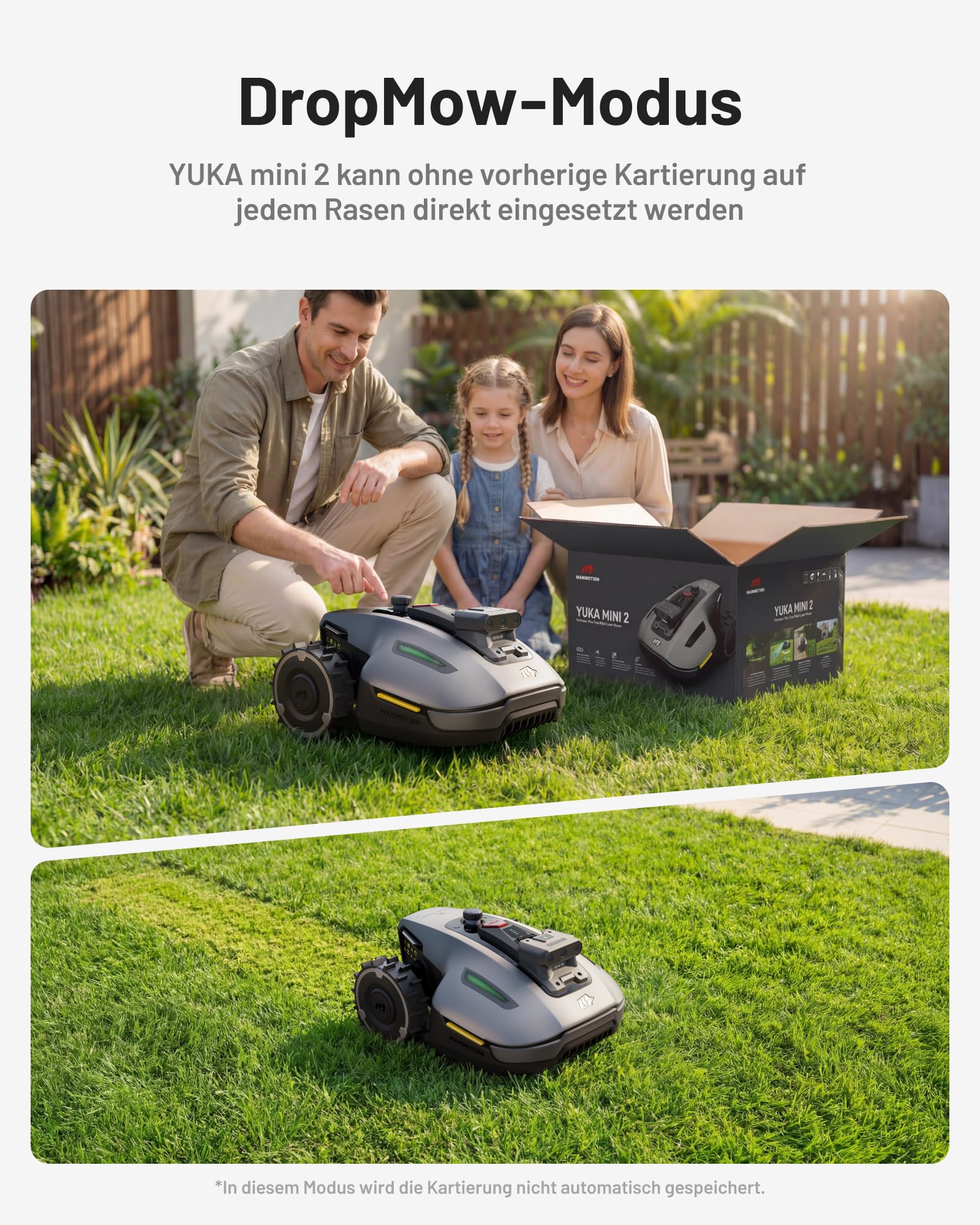 Mähroboter YUKA mini 2 500 ohne Begrenzungskabel, mit AI TrueVision, 19 cm Schnittbreite und 20-60 mm Schnitthöhe