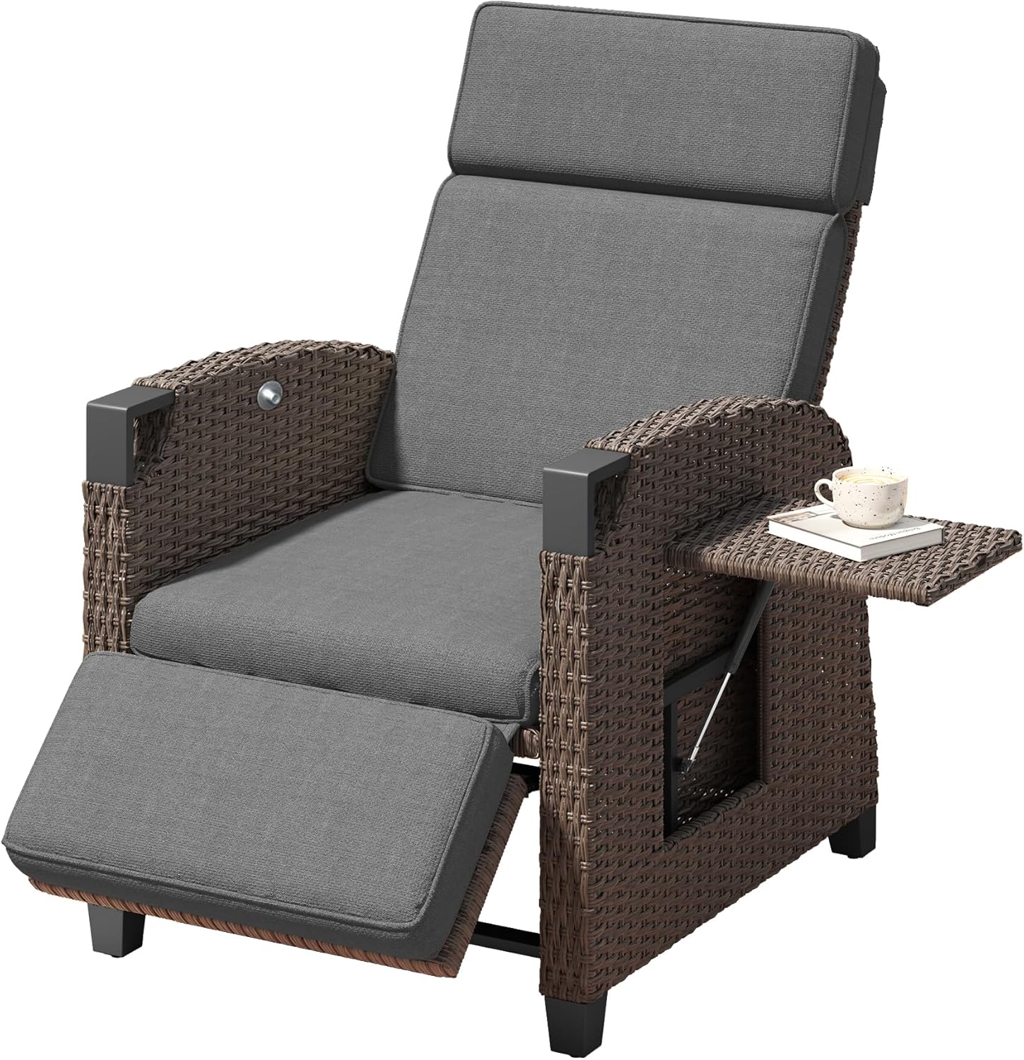 Amopatio Relaxliege Liegesessel, Rattan Sonnenliege mit Verstellbar Rückenlehne und Klapptisch, Outdoor Gartensessel wetterfestes, für Terrasse, Garten, Balkon – Grau & Braun