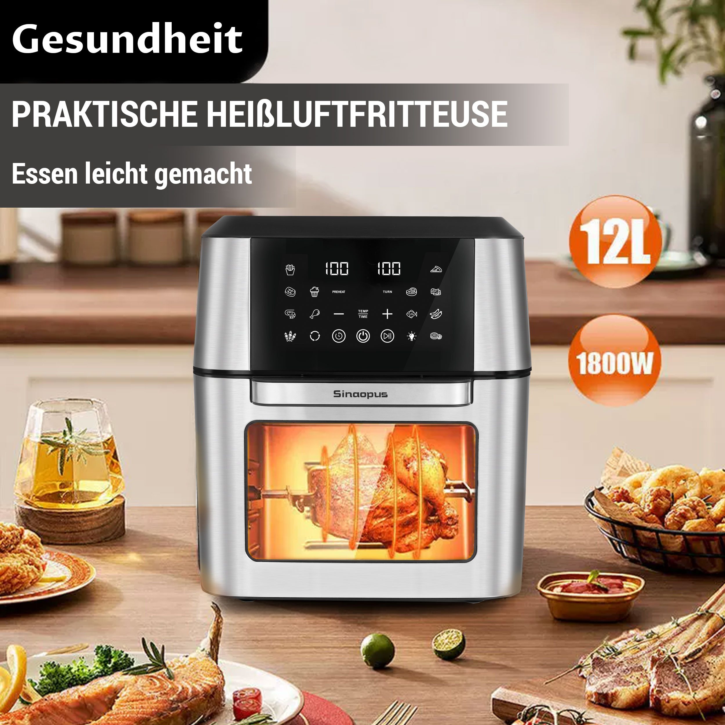 Heißluftfritteuse 12L Air fryer XXL mit 12 Kochprogramme 2‑in‑1 Airfryer & Mini‑Backofen